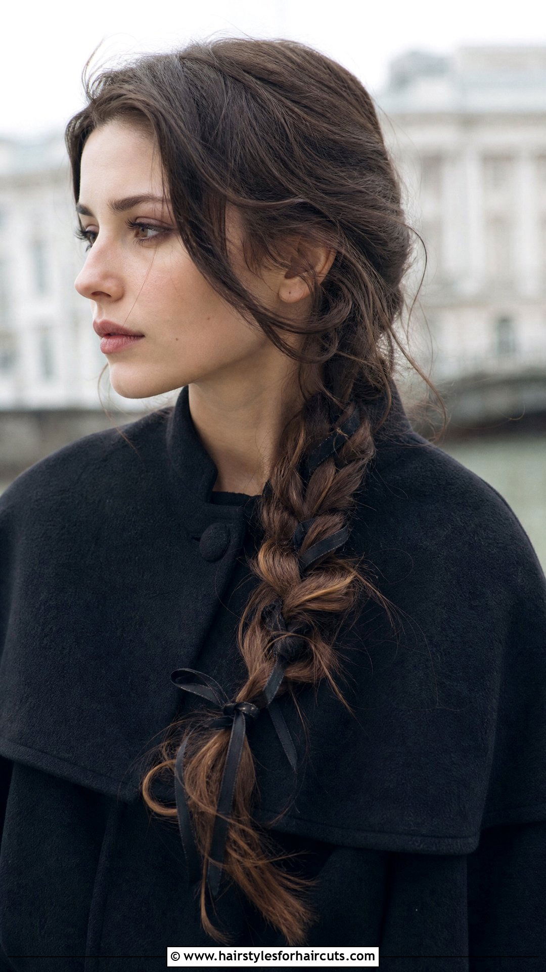 Loose Side Braid With Dark Ribbons - 25 easy goth hairstyles for long hair - 25 easy goth hairstyles for long hair
