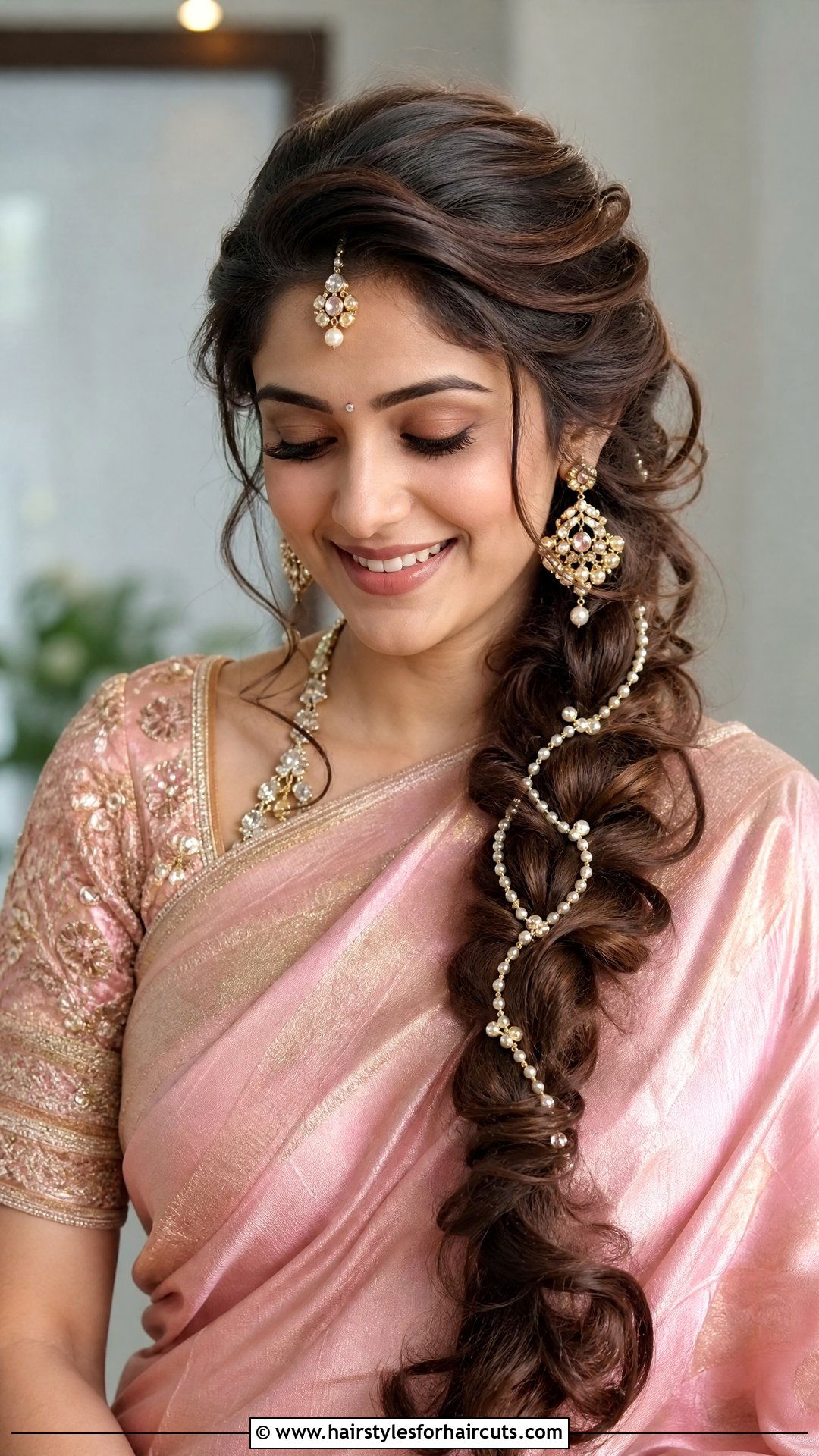 Loose Side Braid With Paras - 25 wedding hairstyles for saree - 25 wedding hairstyles for saree