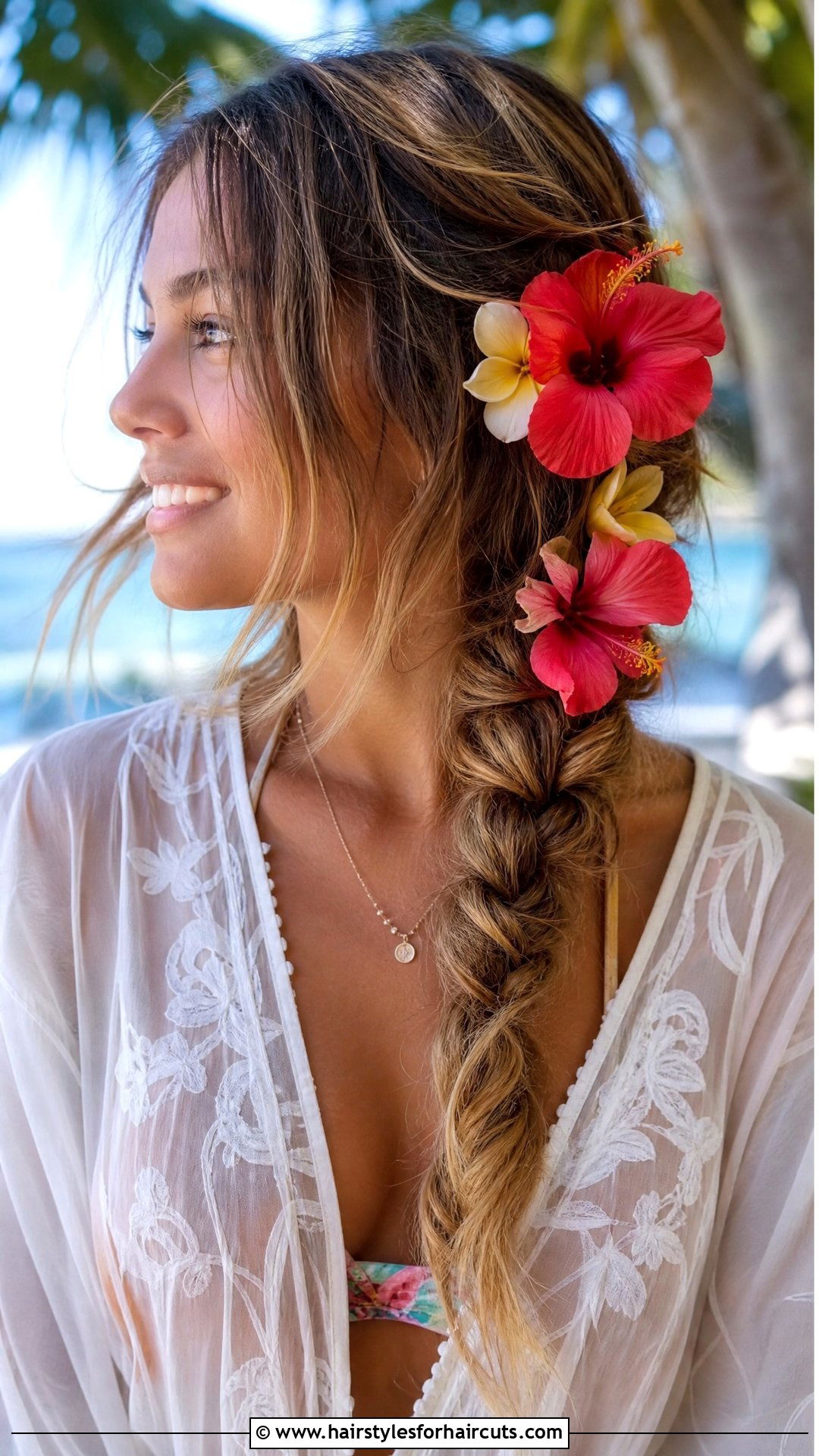 Loose Side Braid With Tropical Flowers - 25 flowers in hairstyles - 25 flowers in hairstyles