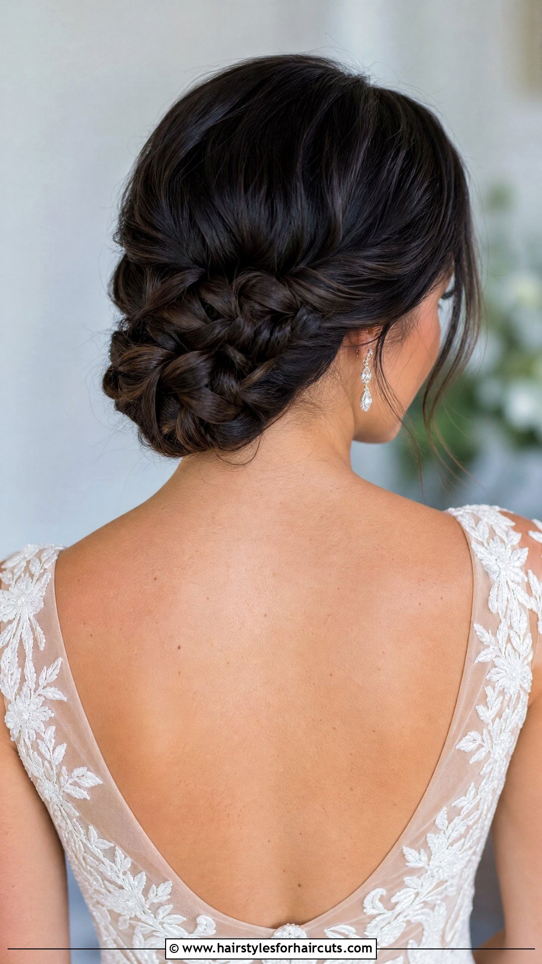 Low Braided Bun Wedding Look - 25 wedding hairstyles for dark hair - 25 wedding hairstyles for dark hair