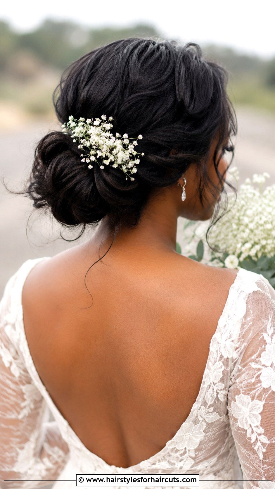 Low Bun With Babys Breath - 25 black hair bridal hairstyles - 25 black hair bridal hairstyles