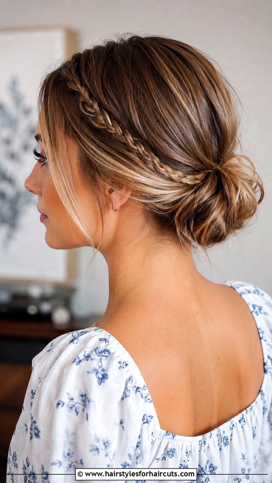 Low Bun With Mini Braid Accent - 25 easy low bun hairstyles for short hair - 25 easy low bun hairstyles for short hair