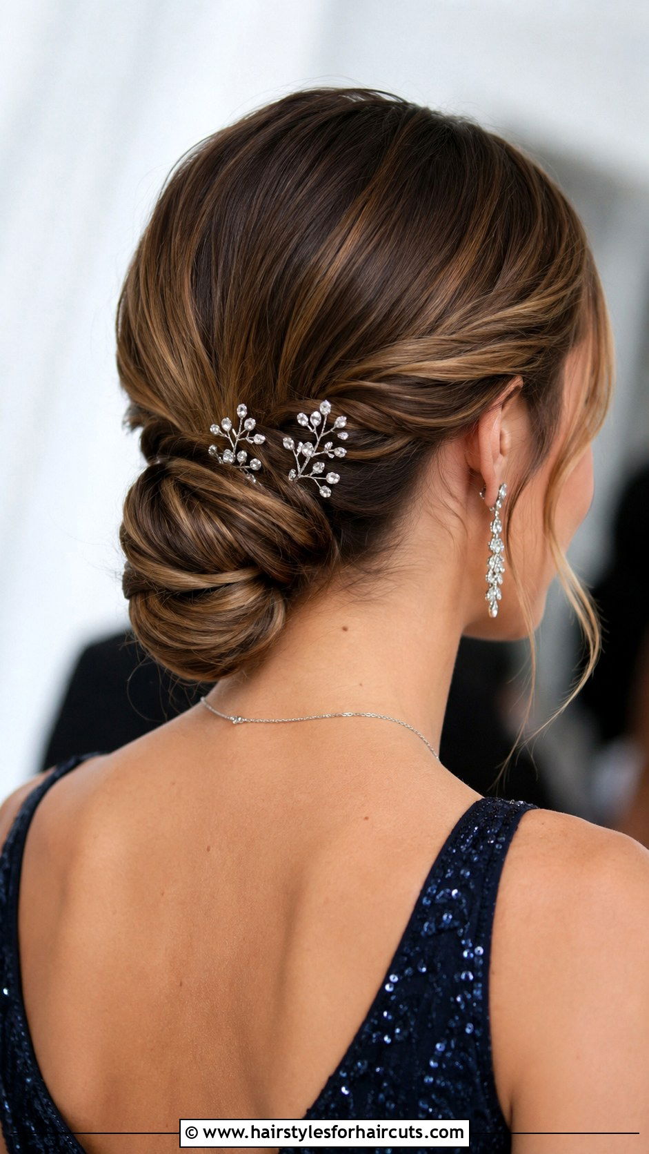 Low Chignon With Crystal Pins - 25 hair pin hairstyles - 25 hair pin hairstyles