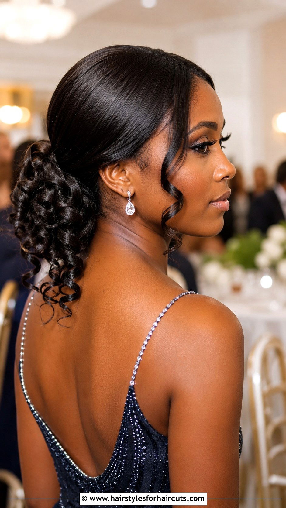 Low Chignon With Curly Ends - 25 elegant updo hairstyles for prom black hair - 25 elegant updo hairstyles for prom black hair