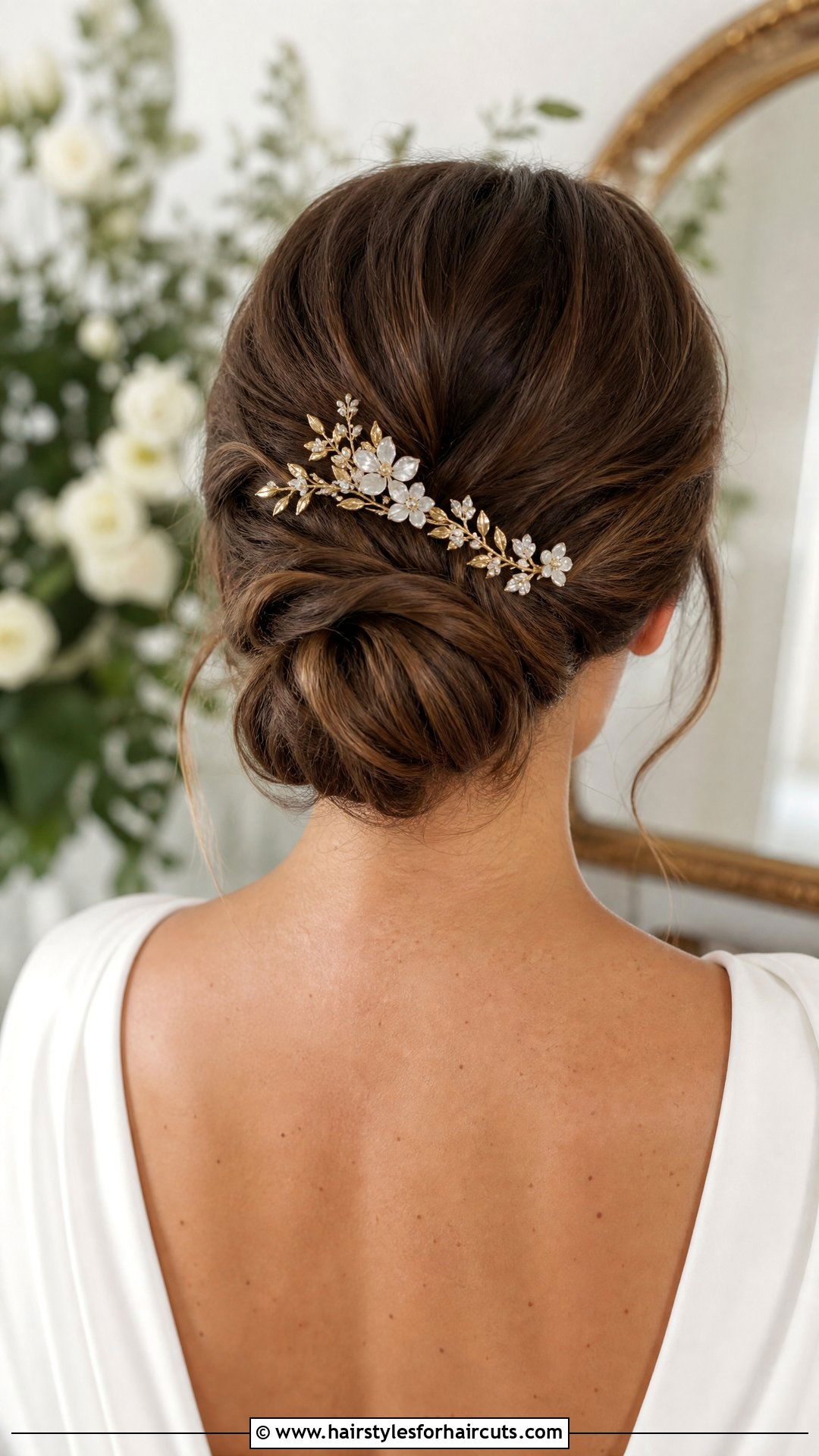 Low Chignon With Floral Pins - 25 wedding hairstyles for asian hair - 25 wedding hairstyles for asian hair
