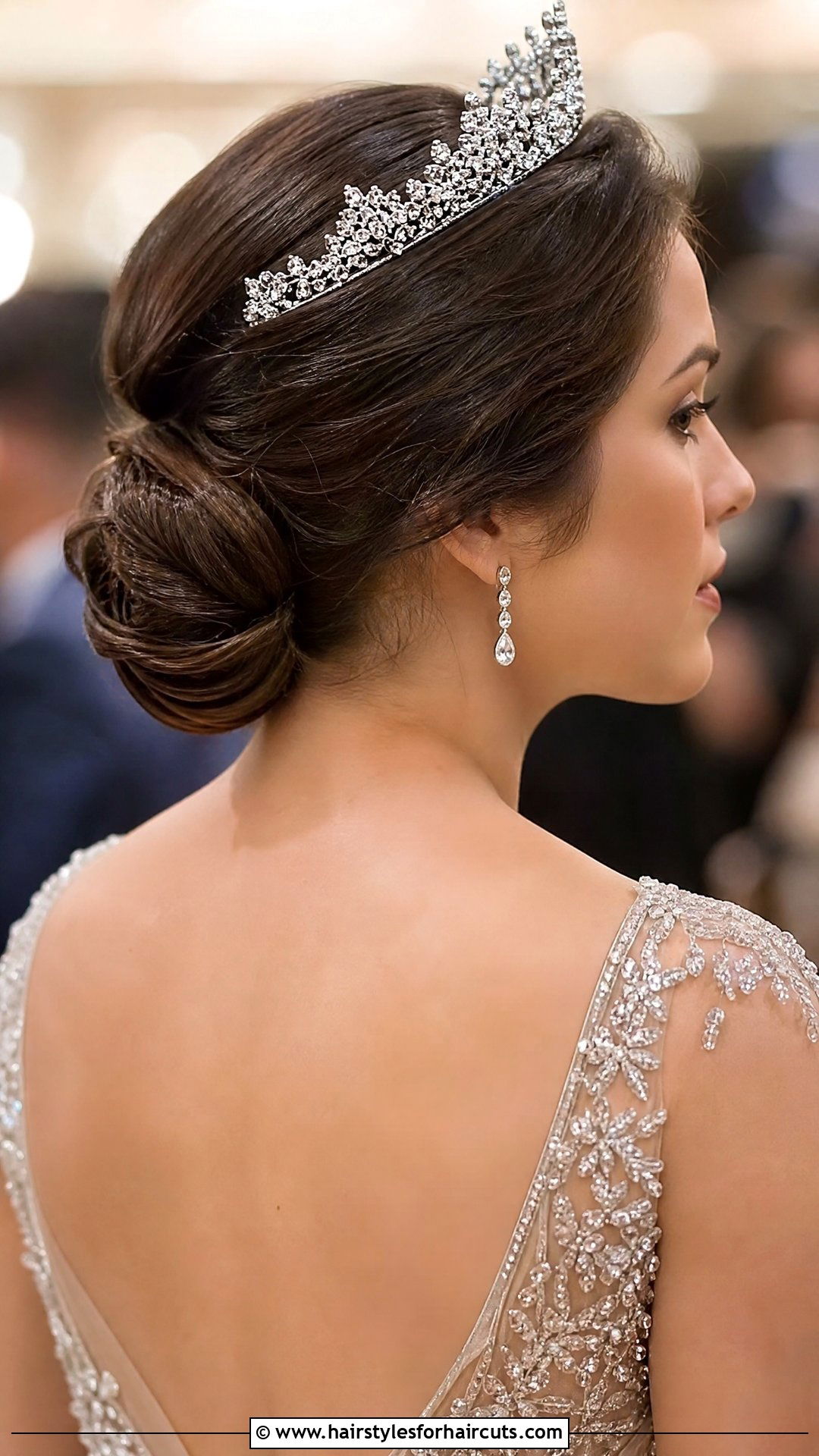 Low Chignon With Tiara - 25 long hair quinceanera hairstyles with crown - 25 long hair quinceanera hairstyles with crown