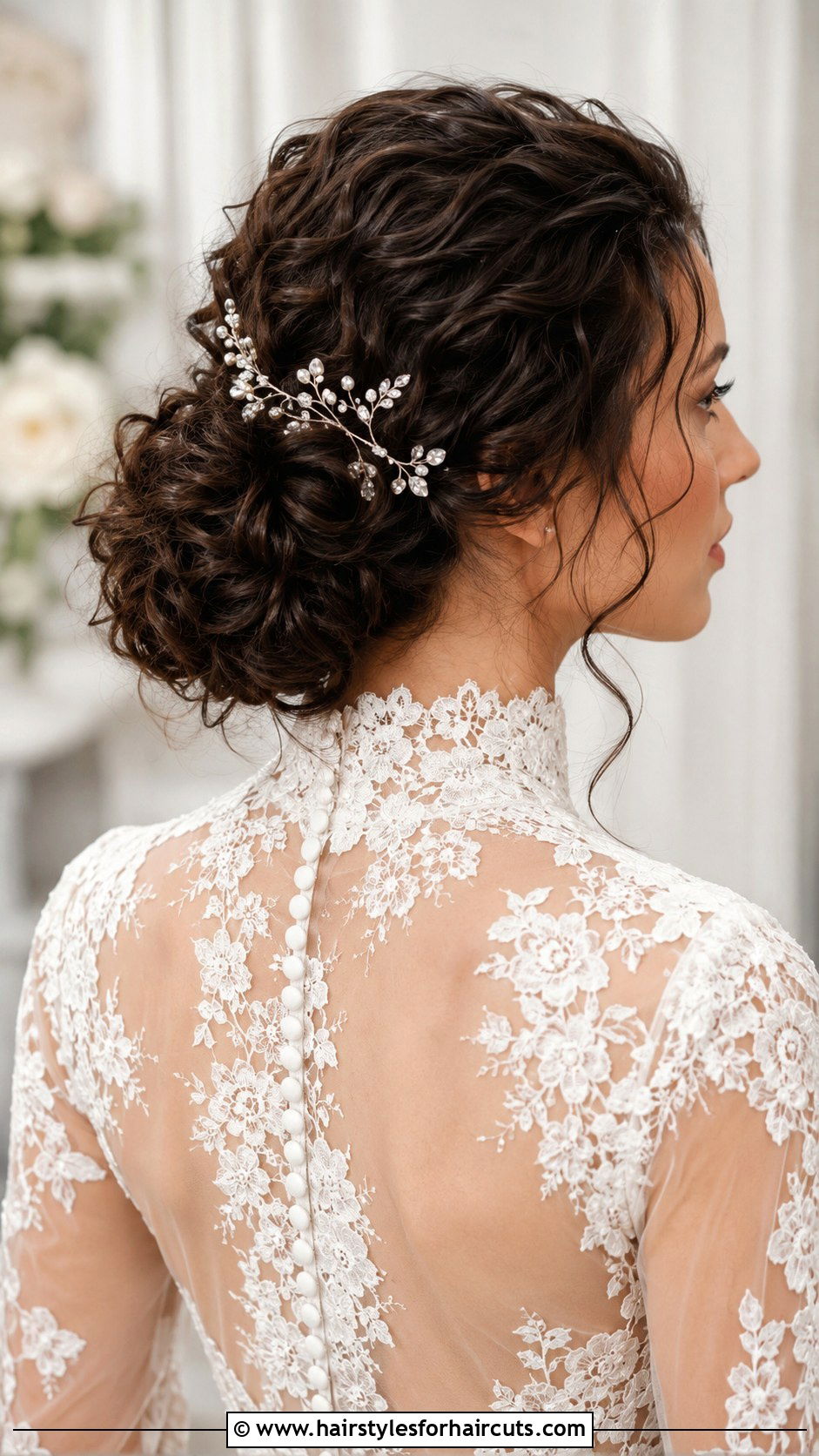 Low Curly Bridal Bun - 25 curly wedding hairstyles for long hair - 25 curly wedding hairstyles for long hair