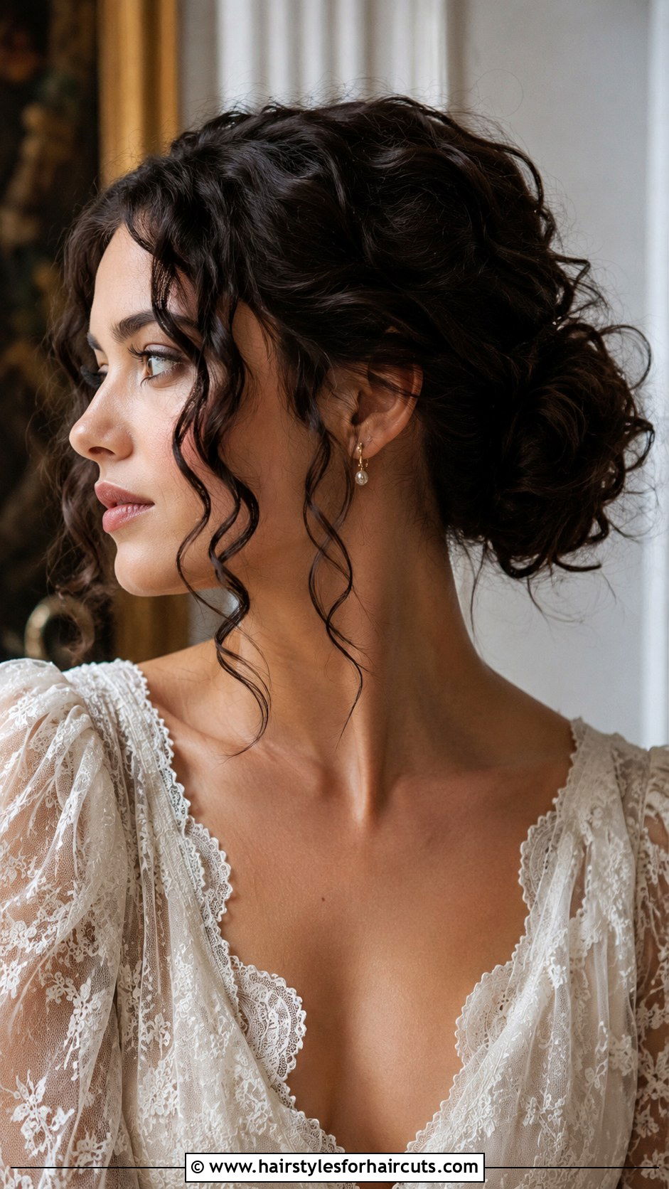Low Curly Bun With Face Framing Pieces - 25 updo hairstyles for curly hair wedding - 25 updo hairstyles for curly hair wedding