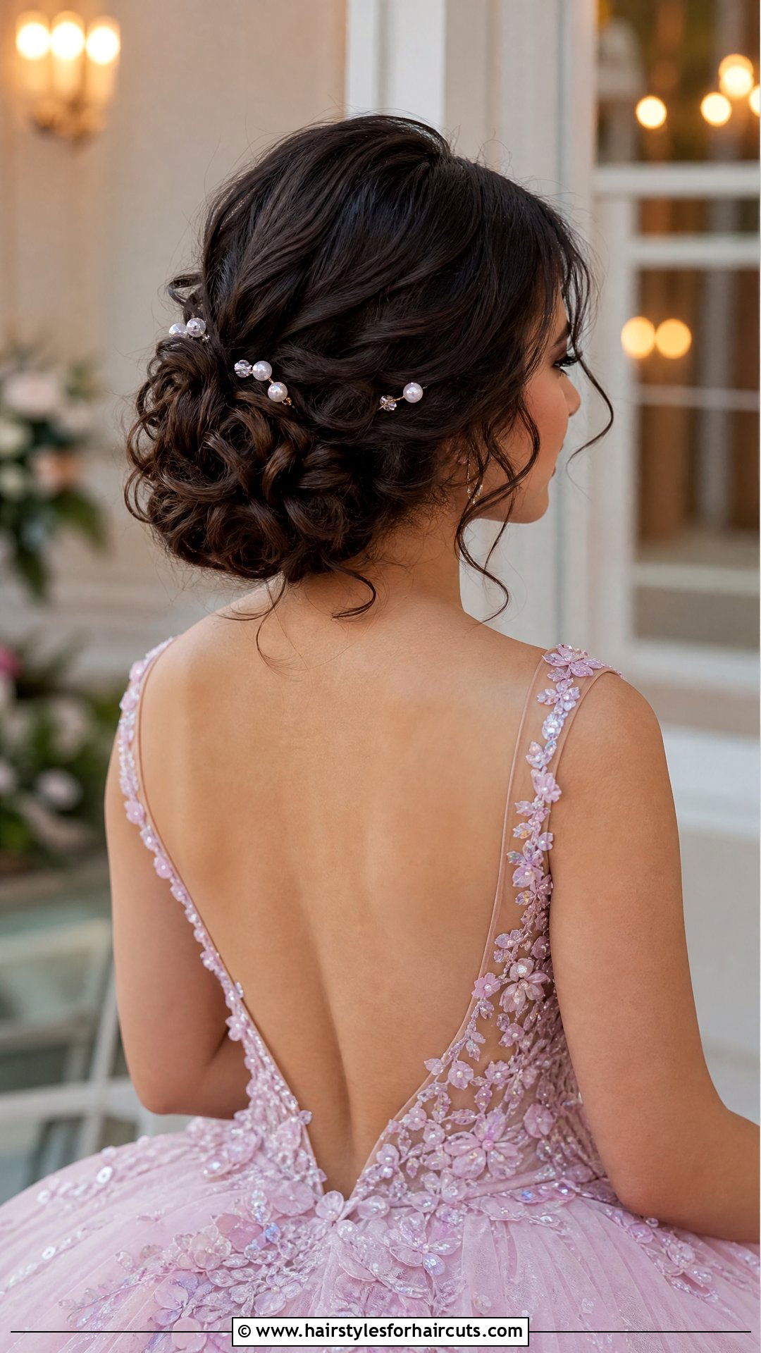 Low Curly Chignon Quinceanera Hairstyle - 25 quinceanera hairstyles for curly hair - 25 quinceanera hairstyles for curly hair