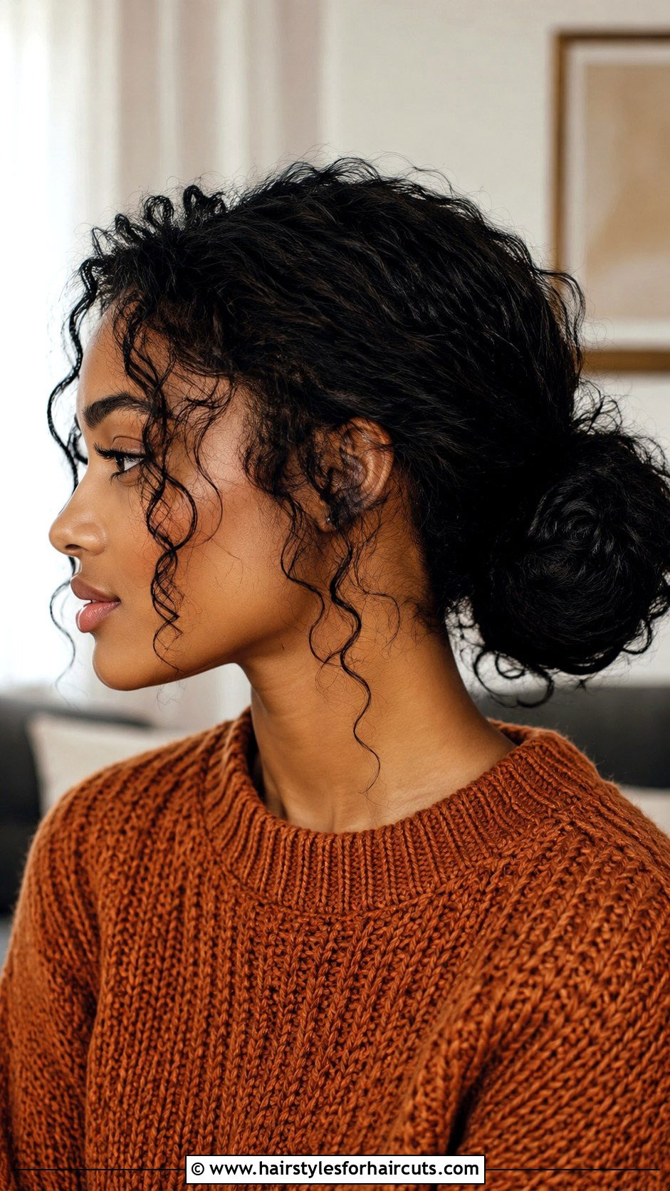 Low Curly Messy Bun - 25 curly bun hairstyles for black hair - 25 curly bun hairstyles for black hair