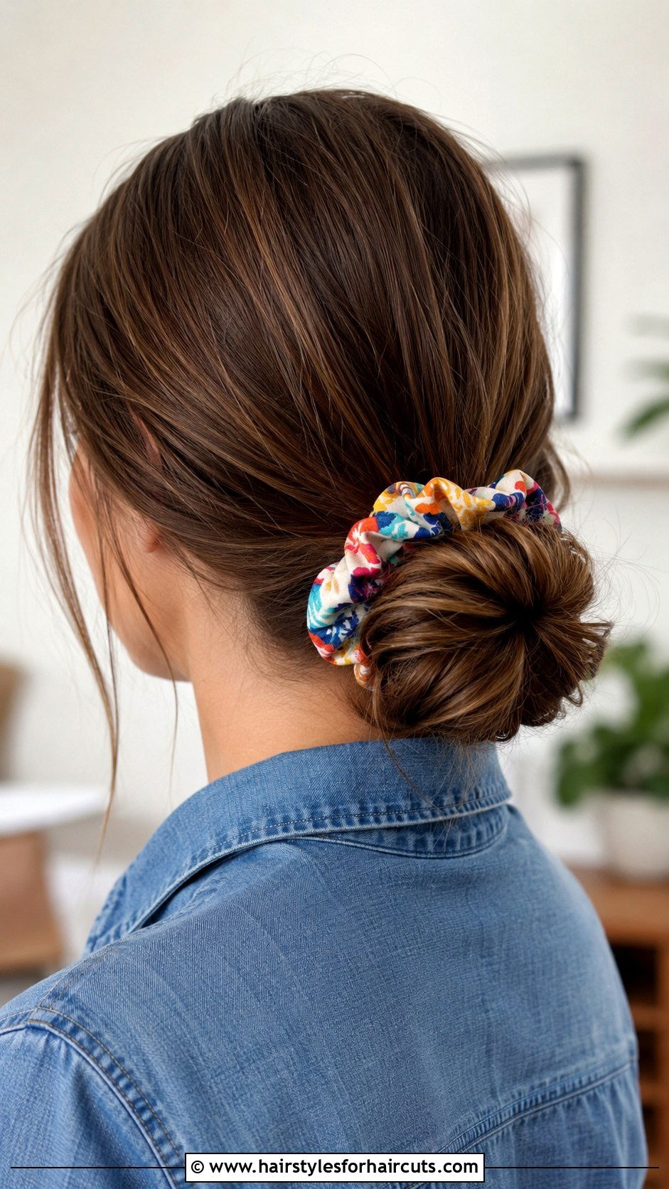 Low Messy Bun With Scrunchie - 25 cute hairstyles for school straight hair - 25 cute hairstyles for school straight hair