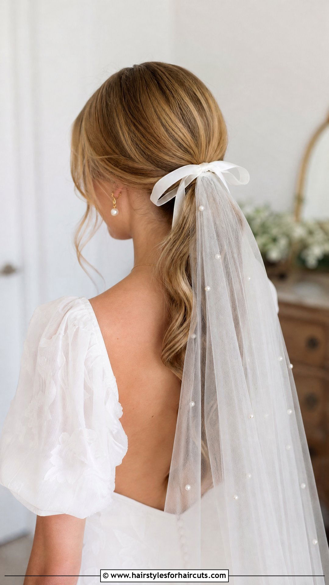 Low Ponytail With Bow Wedding Hairstyle With Veil - 25 wedding hairstyles with veil - 25 wedding hairstyles with veil