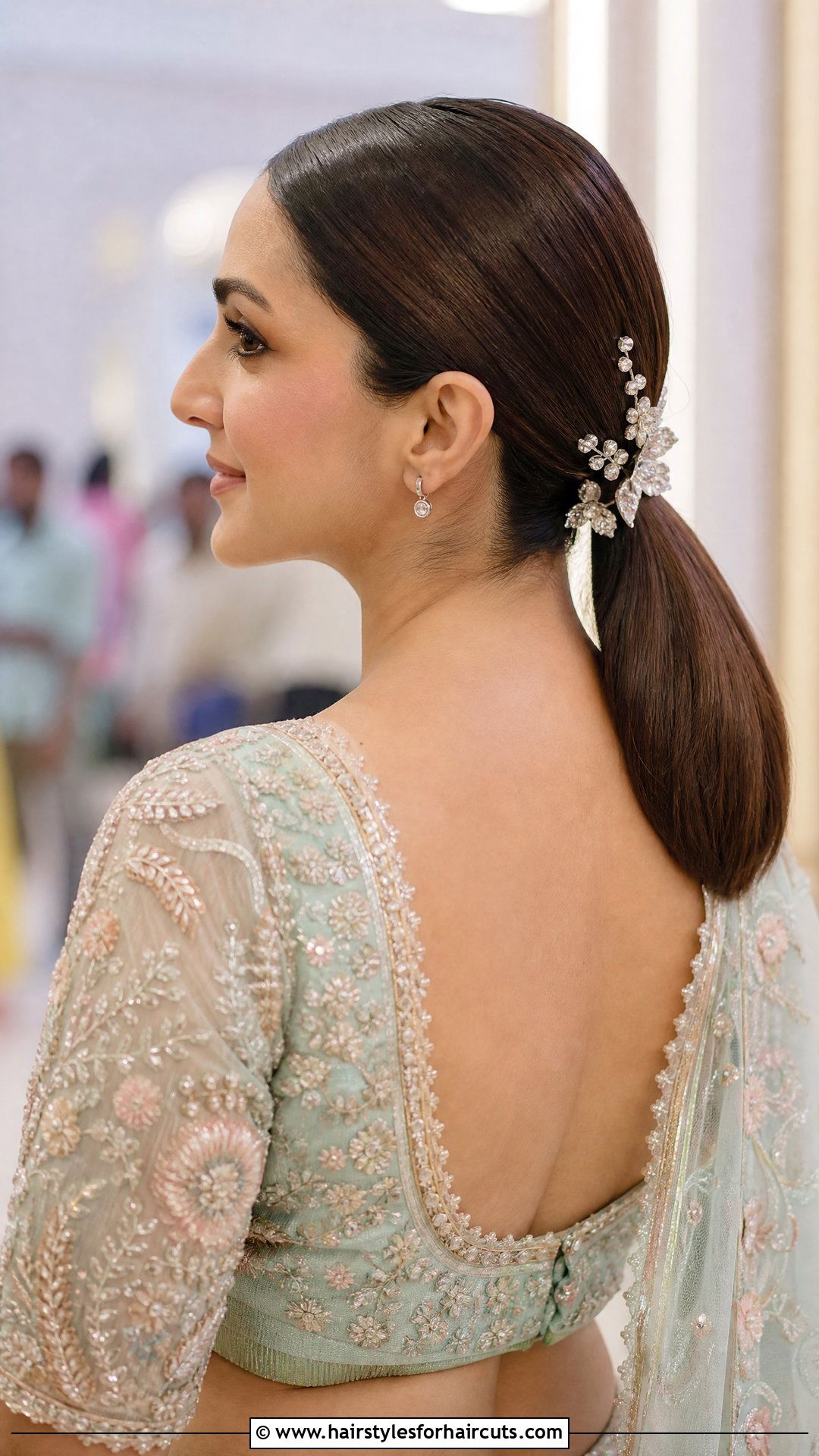 Low Ponytail With Pins - 25 mehndi hairstyles - 25 mehndi hairstyles