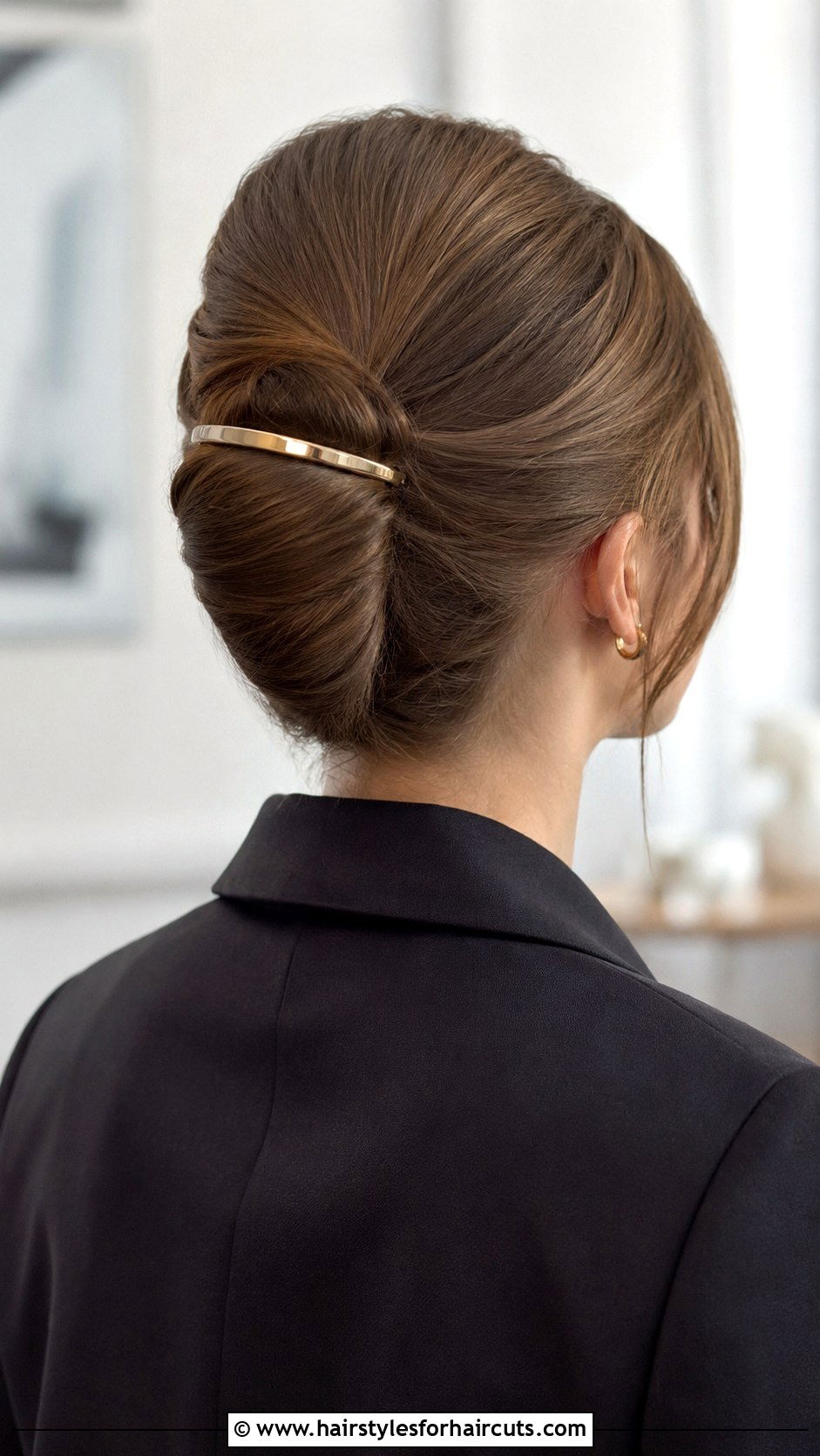 Low Rolled Updo With Gold Barrette - 25 hair clip hairstyles for long hair - 25 hair clip hairstyles for long hair