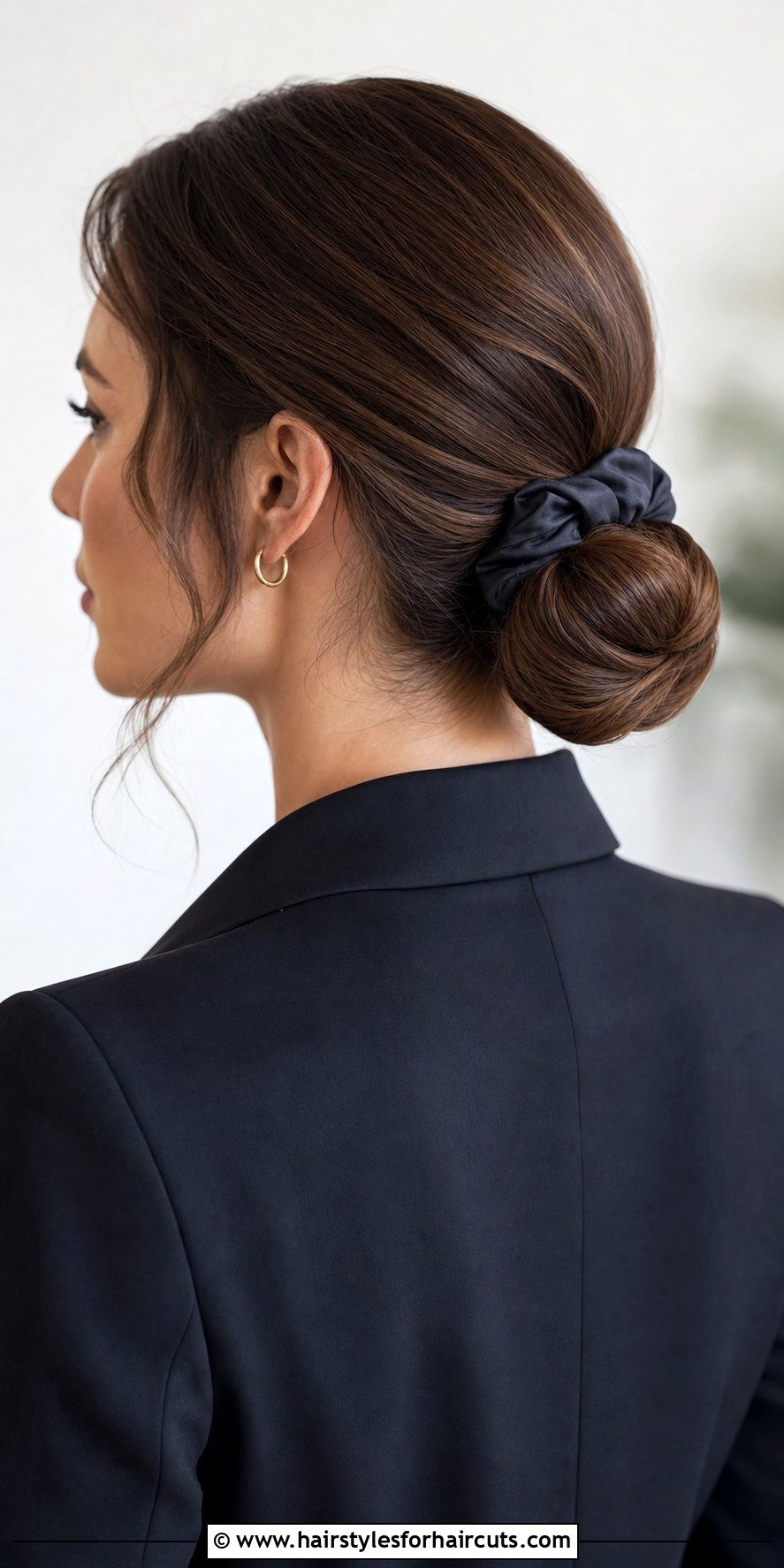 Low Scrunchie Chignon Updo - 25 scrunchie hairstyles for thin hair - 25 scrunchie hairstyles for thin hair