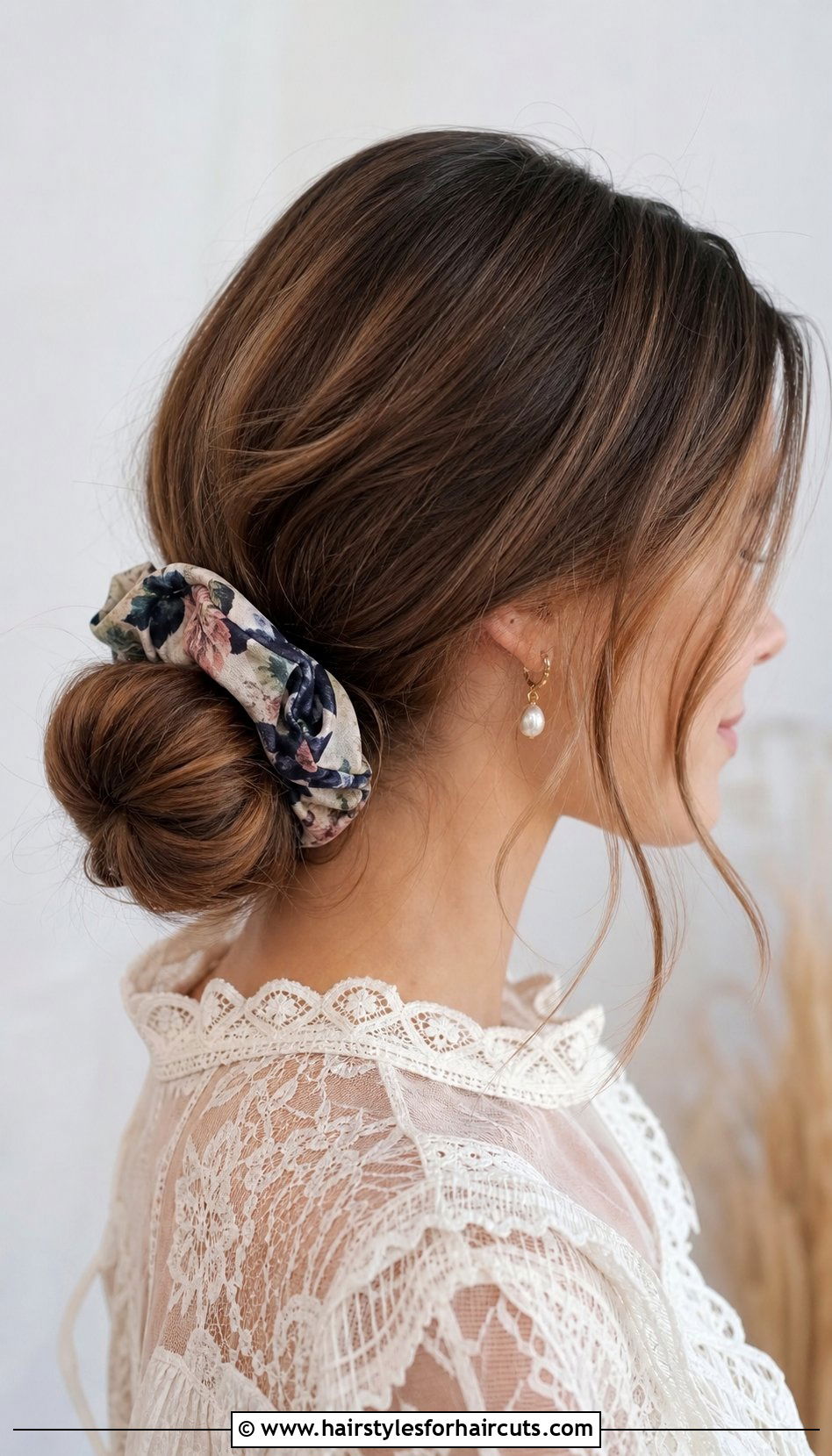 Low Side Bun With Scrunchie - 25 scrunchie hairstyles for thin hair - 25 scrunchie hairstyles for thin hair