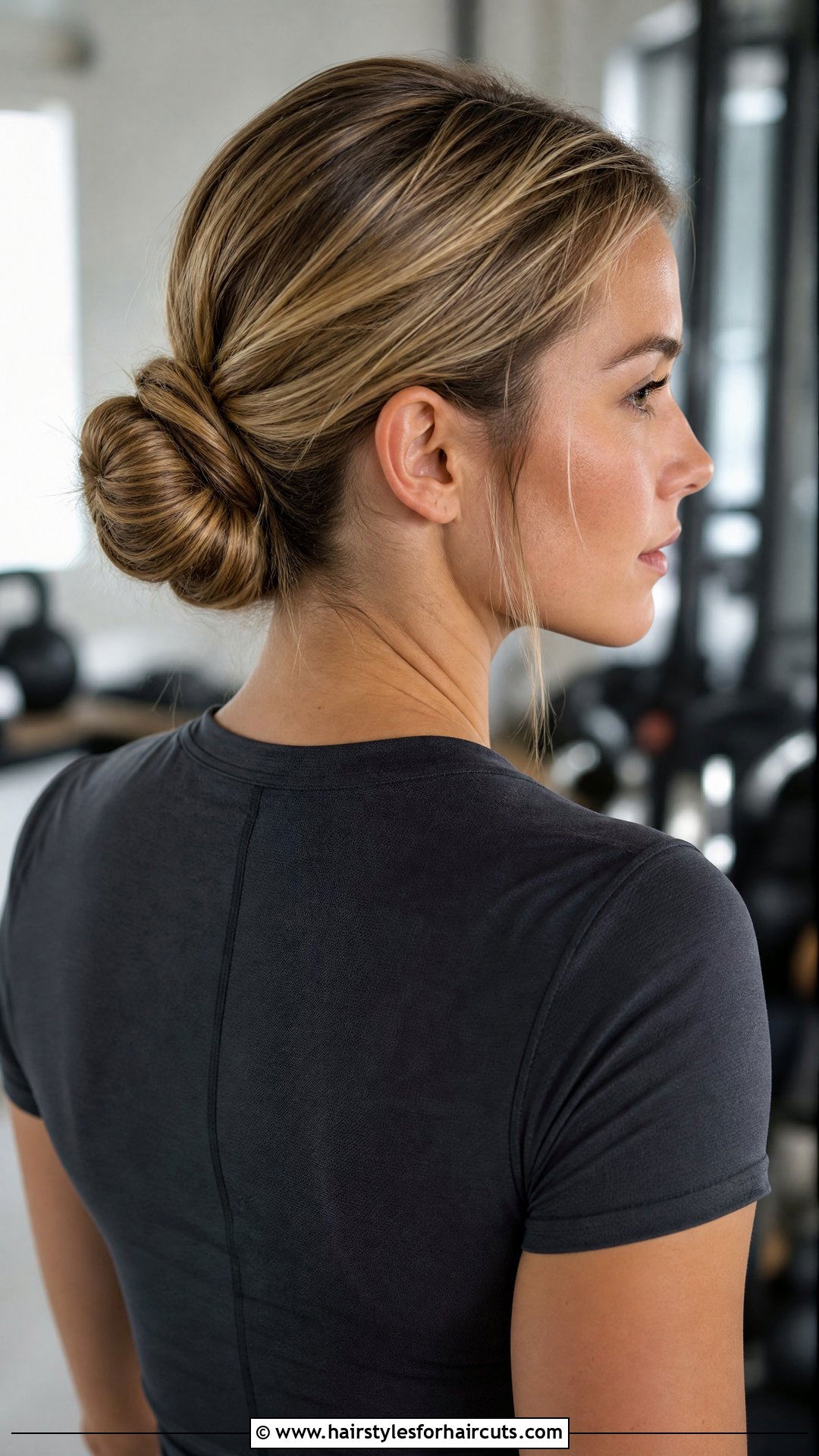 Low Twisted Bun Gym Hair - 25 workout hairstyles for medium hair - 25 workout hairstyles for medium hair