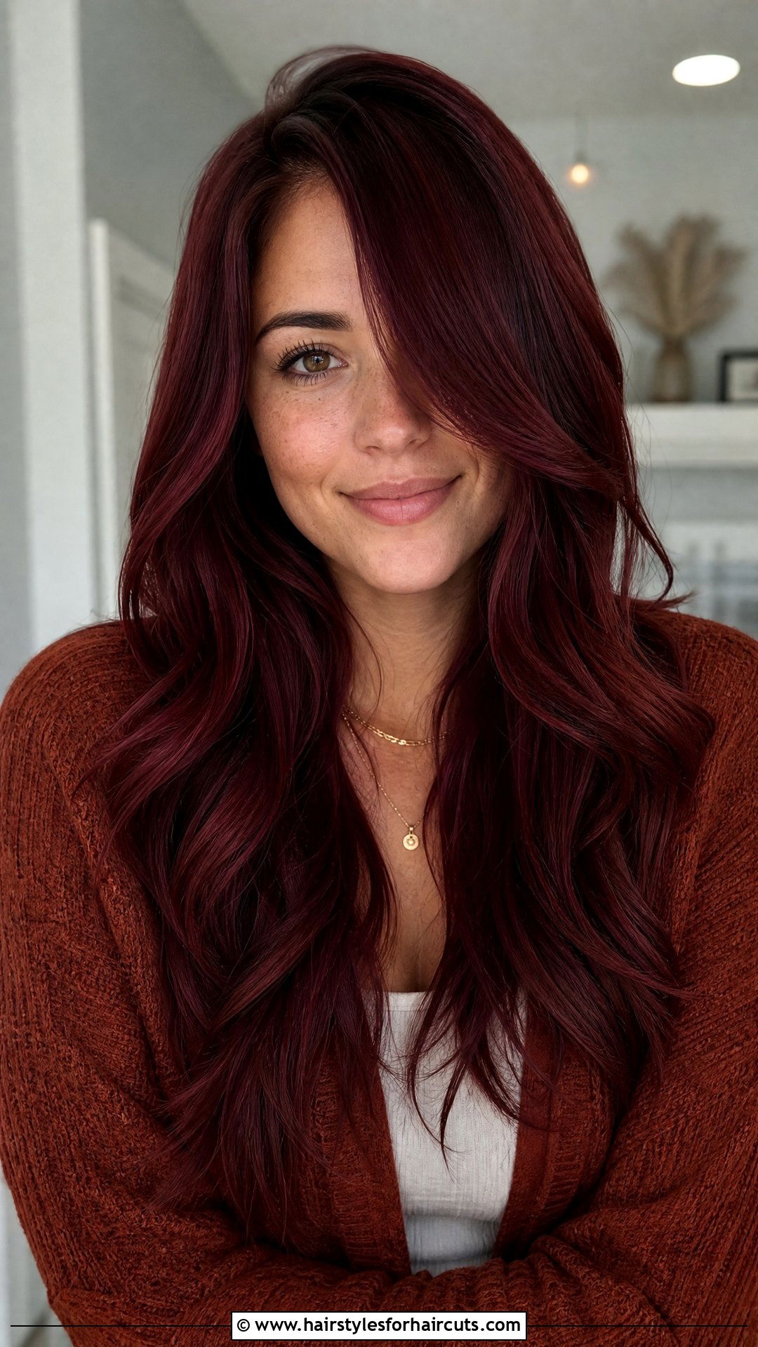 Mahogany Red Long Layers - 25 hairstyles to cover grey hair - 25 hairstyles to cover grey hair