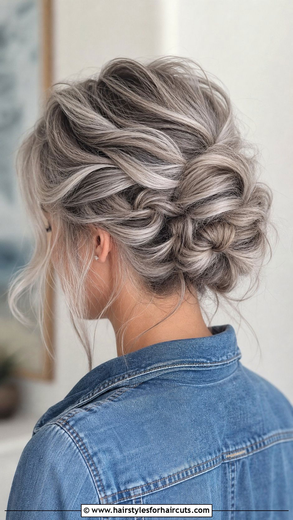 Messy Braided Bun - 25 braided hairstyles for gray hair over 50 - 25 braided hairstyles for gray hair over 50
