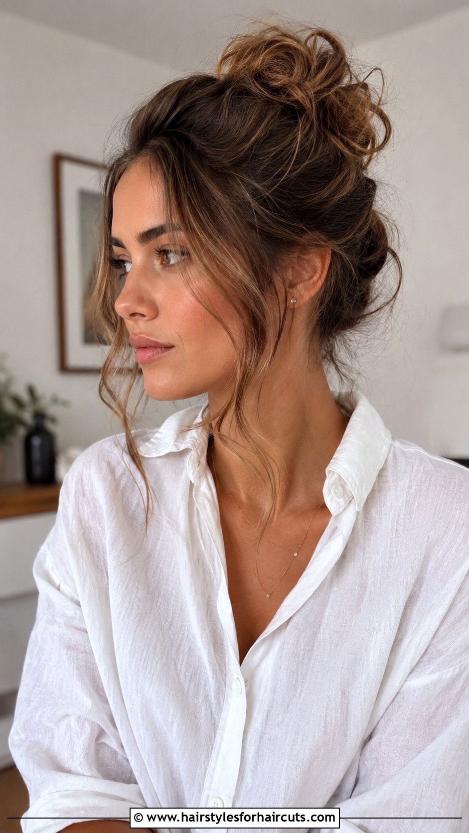 Messy Bun With Face Framing Curls - 25 cute hairstyles for frizzy curly hair - 25 cute hairstyles for frizzy curly hair