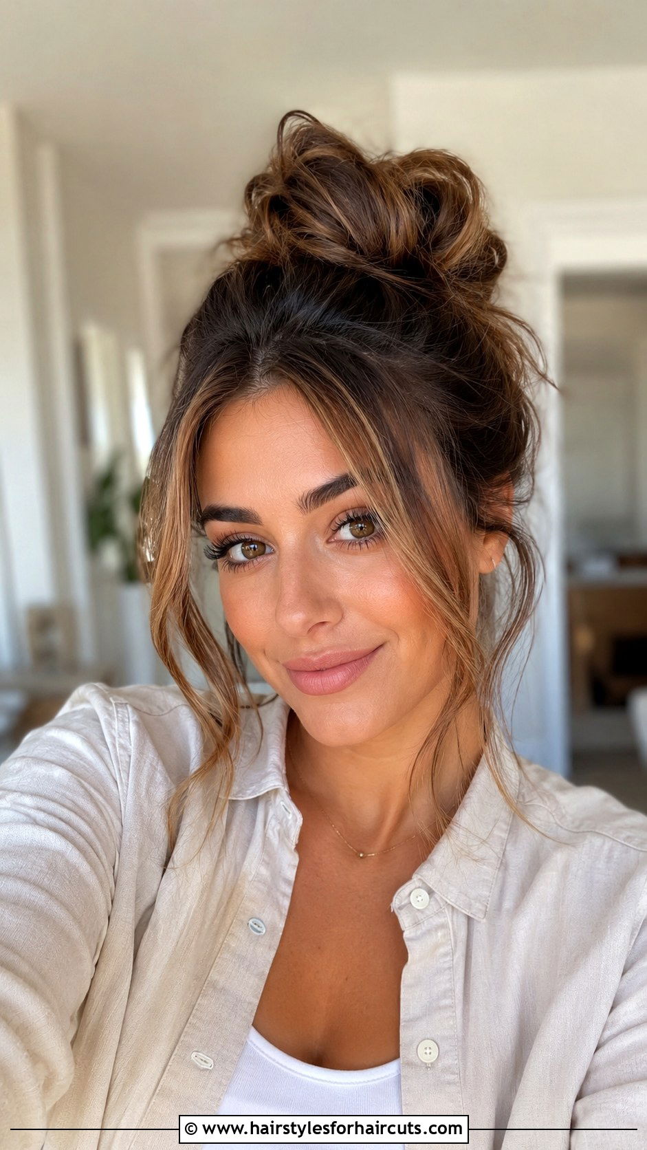 Messy Bun With Face Framing Pieces - 25 easy hairstyles for medium hair for work - 25 easy hairstyles for medium hair for work