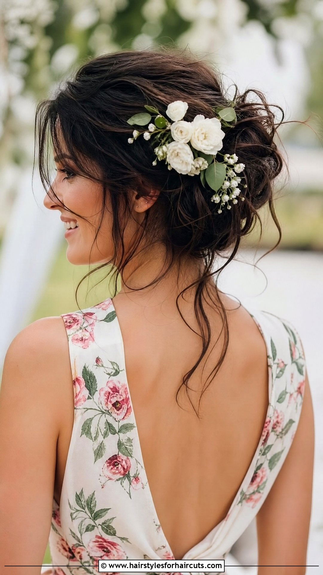 Messy Bun With Floral Accessories - 25 wedding hairstyles for dark hair - 25 wedding hairstyles for dark hair