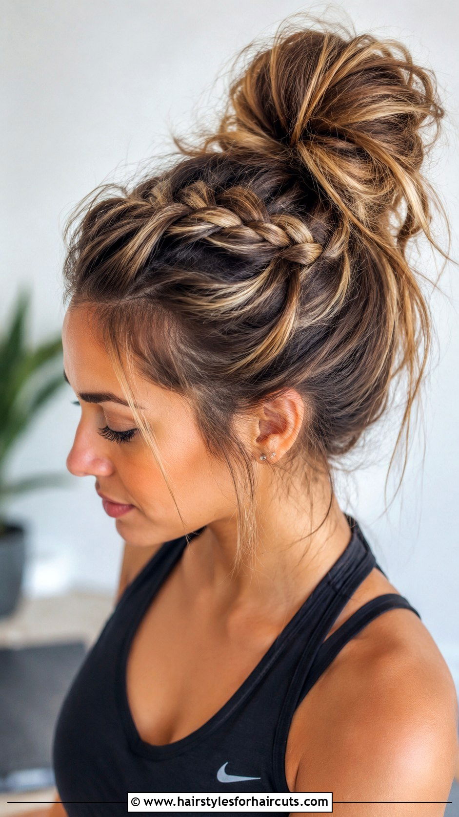 Messy Bun With Front Braid - 25 cute softball hairstyles - 25 cute softball hairstyles