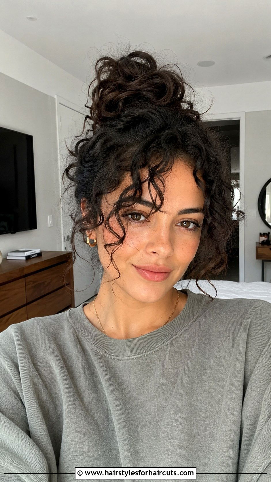 Messy Bun with Curtain Bangs for Beach - 25 beach hairstyles for curly hair - 25 beach hairstyles for curly hair