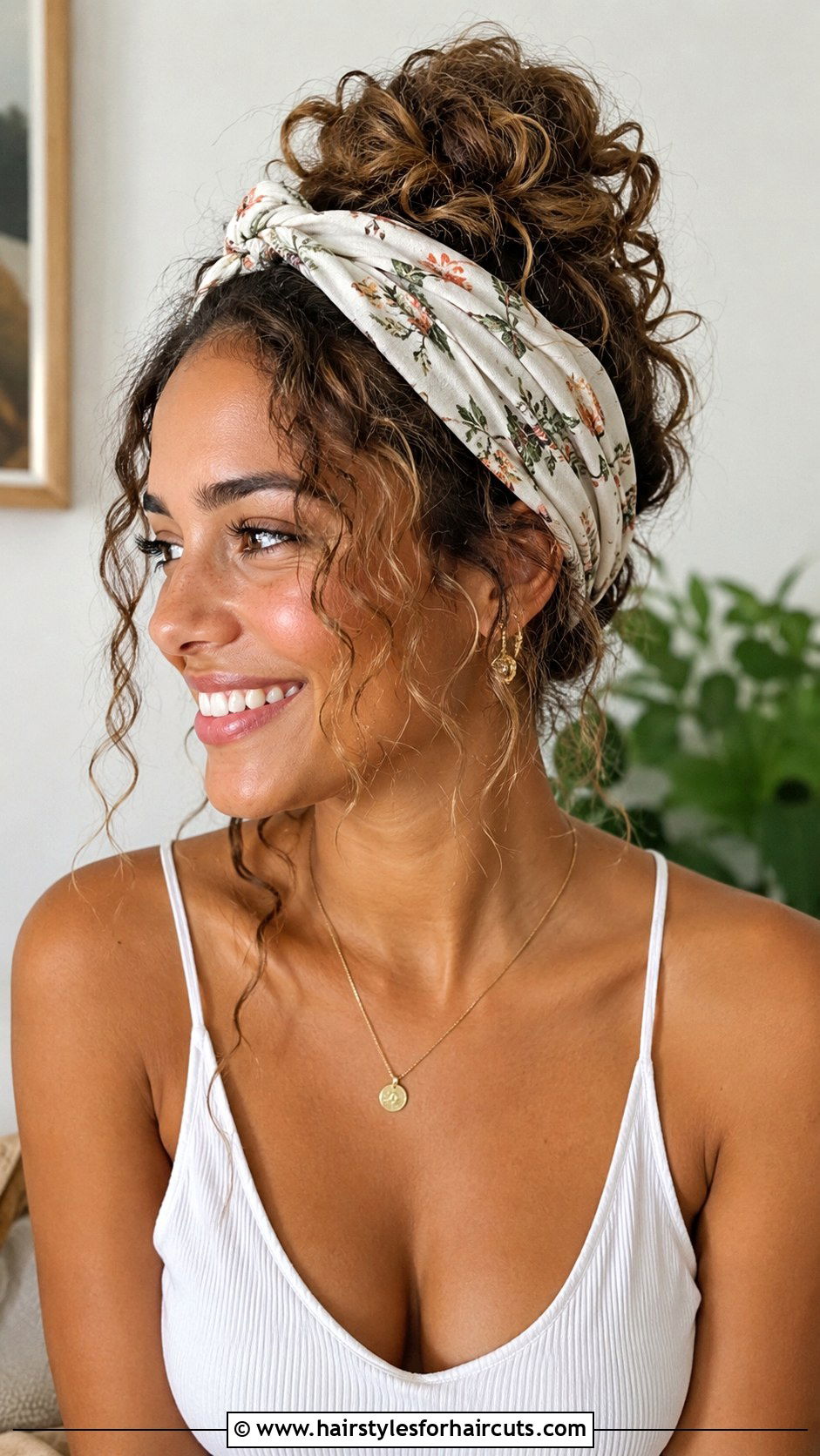 Messy Bun with Headband for Curly Hair - 25 beach hairstyles for curly hair - 25 beach hairstyles for curly hair