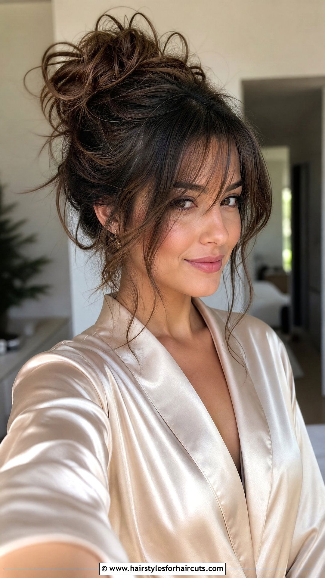 Messy Curly Bun With Face Framing Bangs - 25 curly hair with bangs hairstyles - 25 curly hair with bangs hairstyles