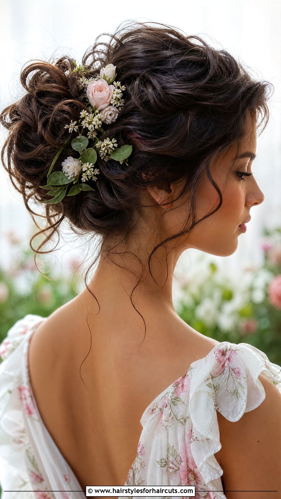 Messy Curly Bun With Floral Accessories - 25 wedding hairstyles for shoulder length curly hair - 25 wedding hairstyles for shoulder length curly hair