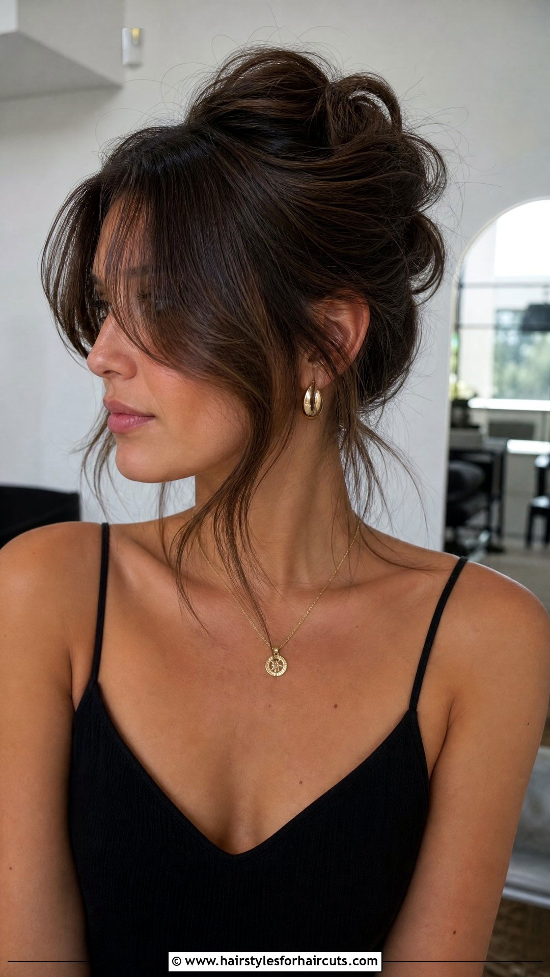 Messy French Twist With Curtain Bangs - 25 updo hairstyles for long hair with bangs - 25 updo hairstyles for long hair with bangs