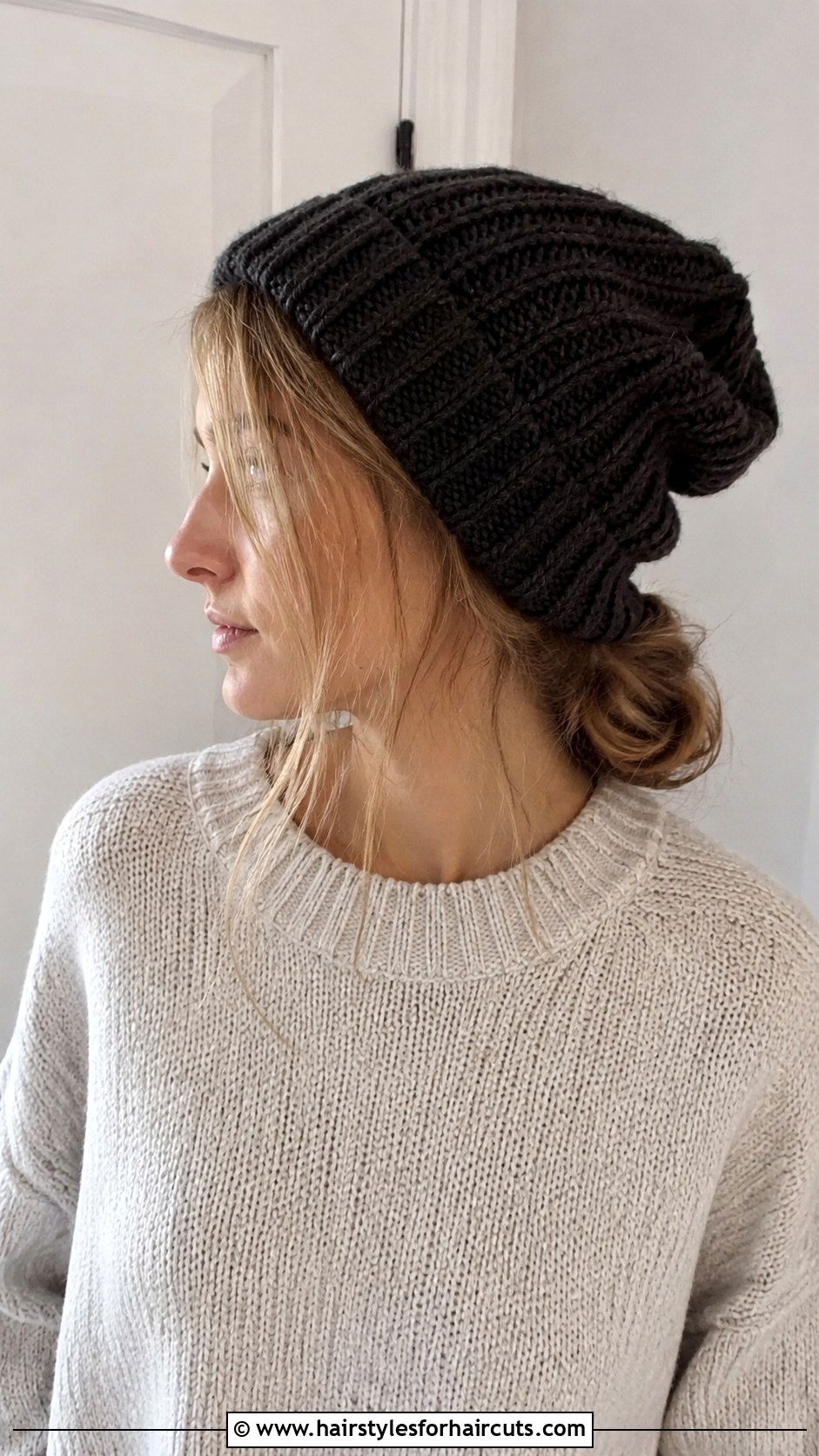 Messy Low Bun With Beanie - 25 beanie hairstyles for long hair - 25 beanie hairstyles for long hair
