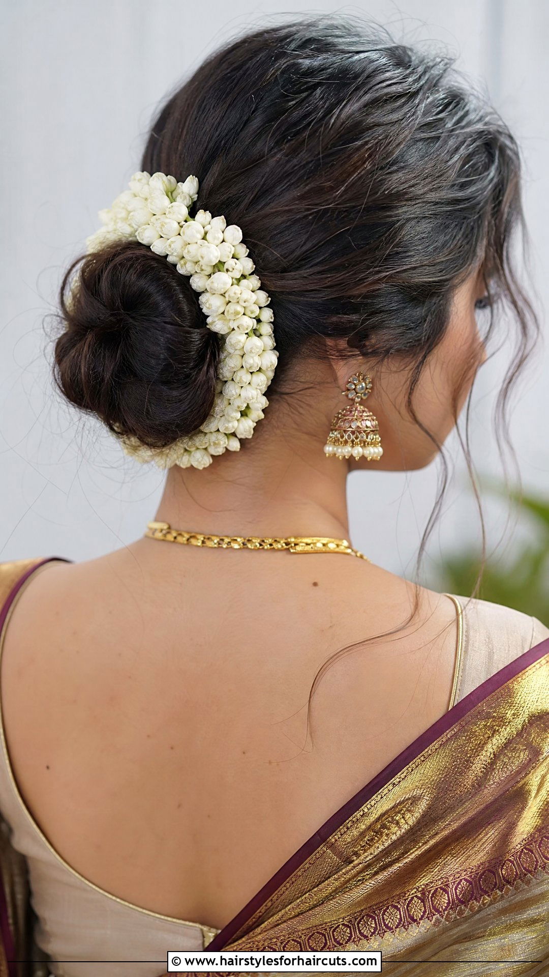 Messy Low Bun With Gajra - 25 wedding hairstyles for saree - 25 wedding hairstyles for saree