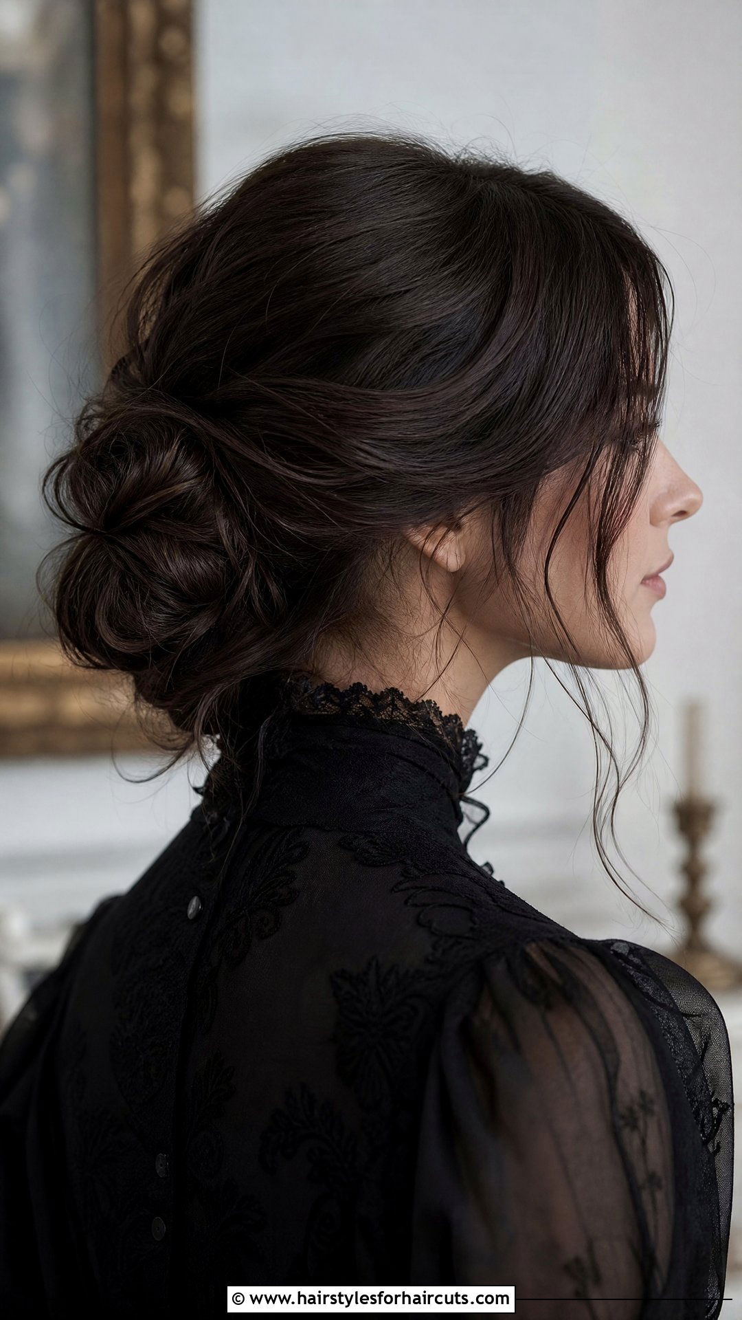 Messy Low Chignon With Face Framing Strands - 25 easy goth hairstyles for long hair - 25 easy goth hairstyles for long hair