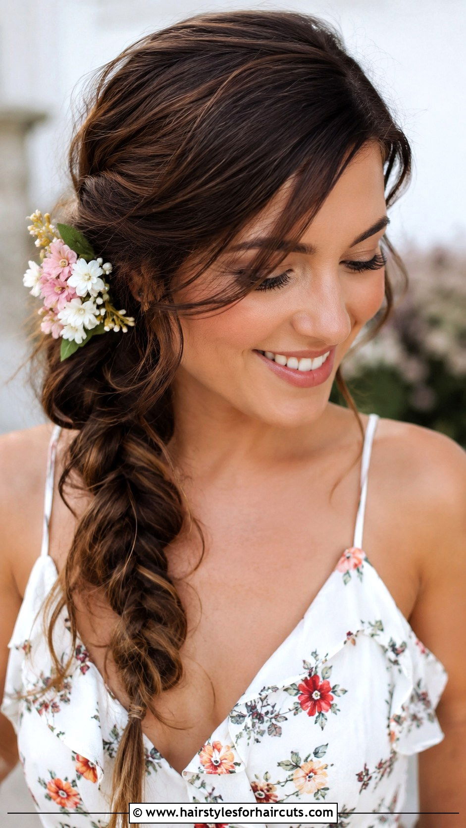 Messy Side Braid With Floral Clip - 25 hair clip hairstyles for long hair - 25 hair clip hairstyles for long hair