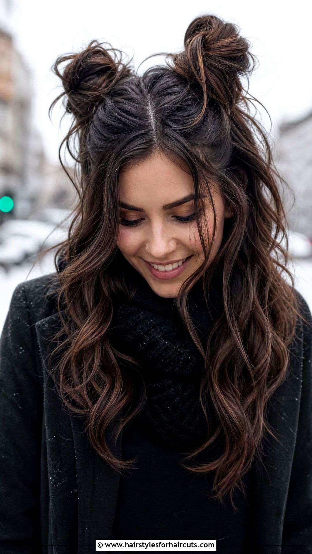 Messy Space Buns With Loose Waves - 25 easy goth hairstyles for long hair - 25 easy goth hairstyles for long hair