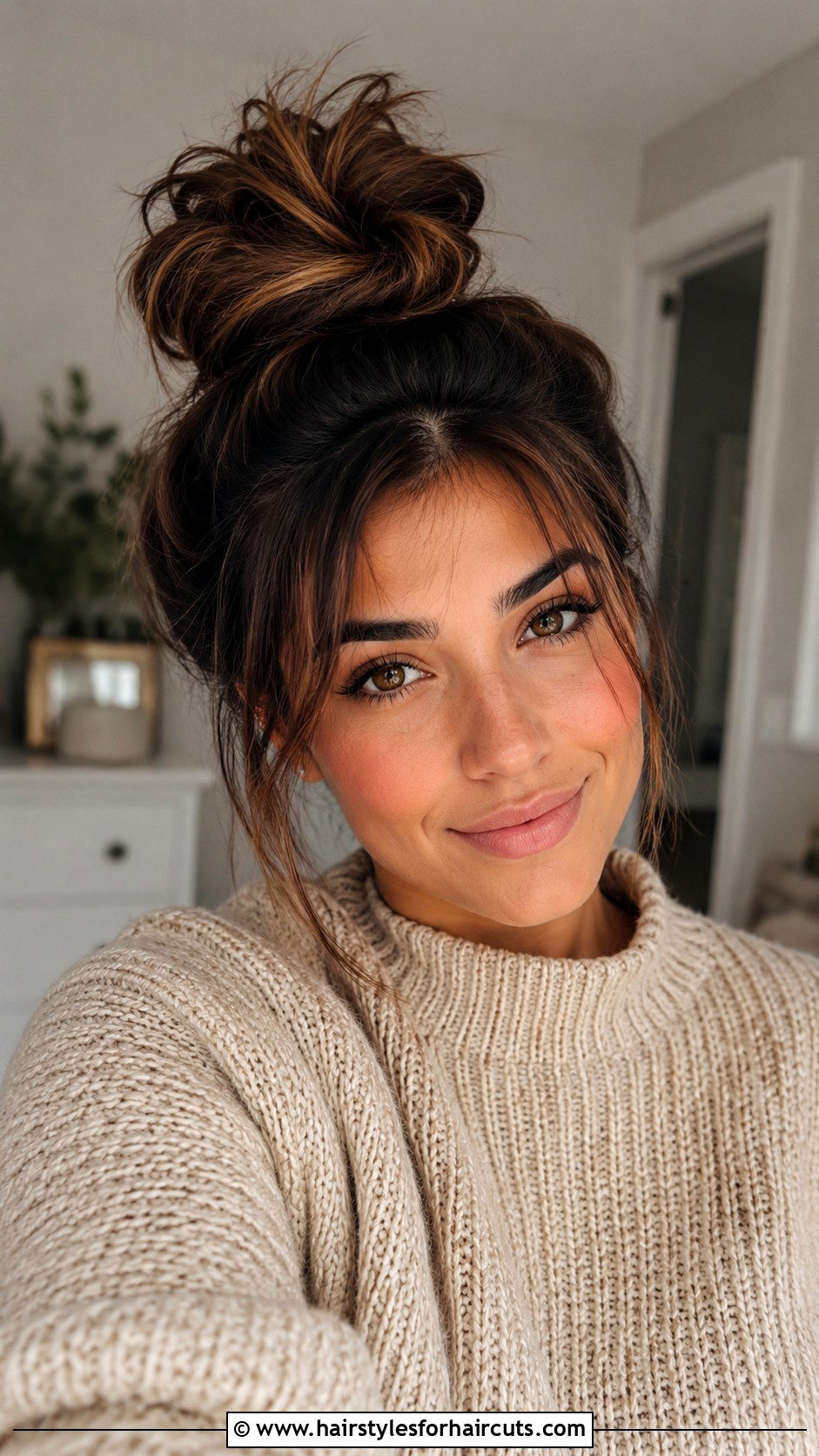 Messy Top Bun With Face Frames - 25 hairstyles for small forehead - 25 hairstyles for small forehead