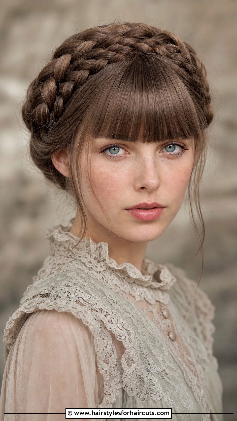 Milkmaid Braids With Blunt Bangs - 25 wedding hairstyles with bangs for long hair - 25 wedding hairstyles with bangs for long hair