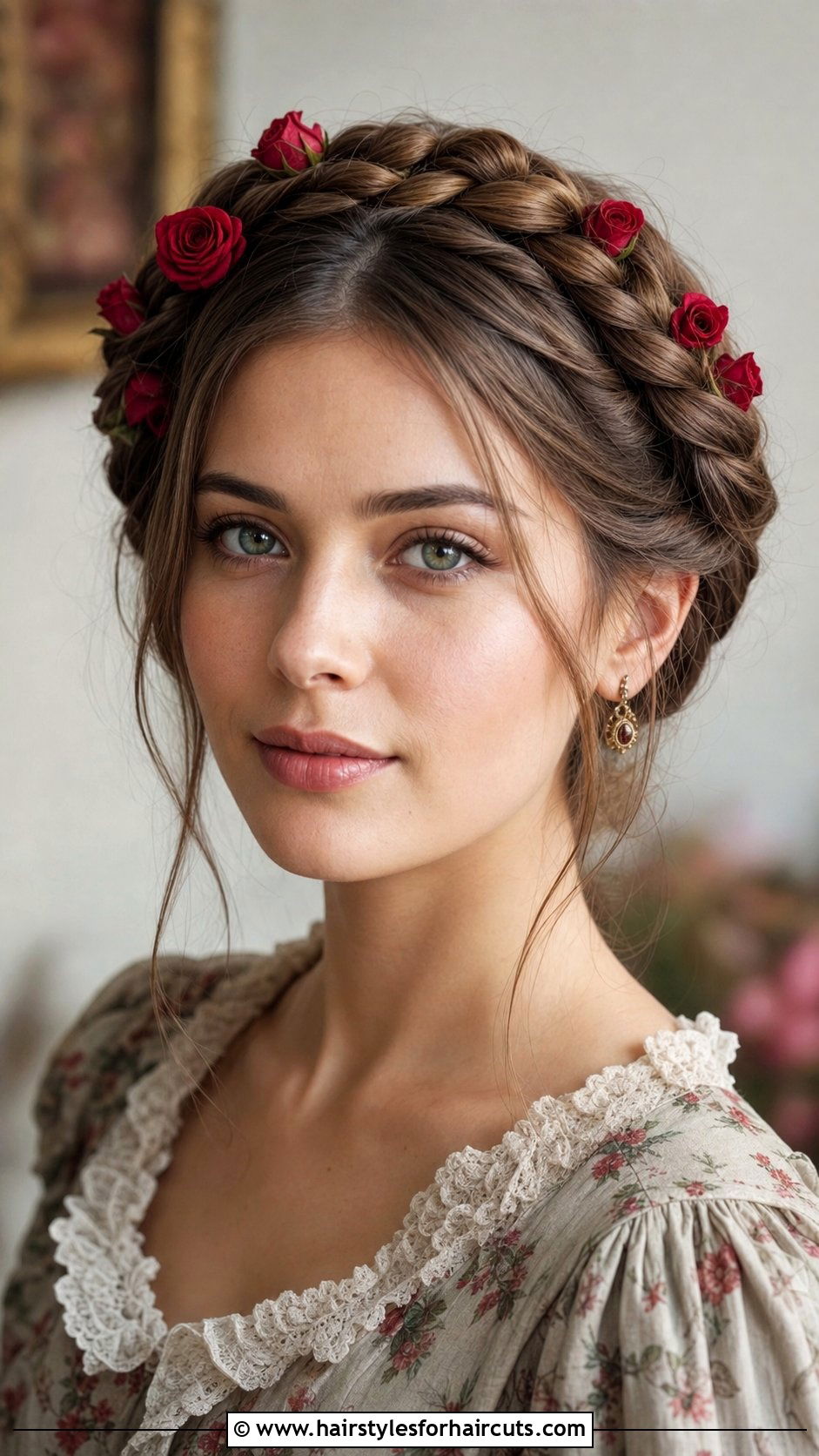 Milkmaid Braids With Small Roses - 25 wedding hairstyles with flowers for long hair - 25 wedding hairstyles with flowers for long hair