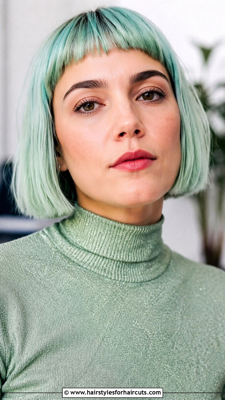 Mint Green Micro Bangs Bob - 25 green hairstyles - 25 green hairstyles