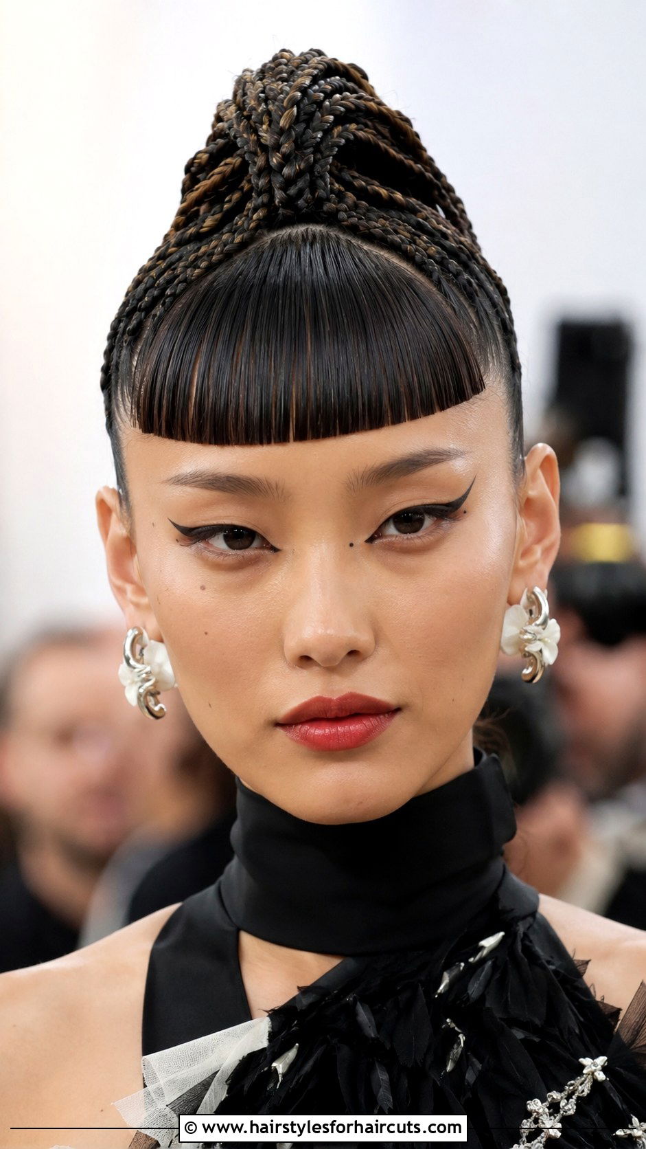 Mohawk Braid Updo With Blunt Bangs - 25 updo hairstyles for short hair with bangs - 25 updo hairstyles for short hair with bangs