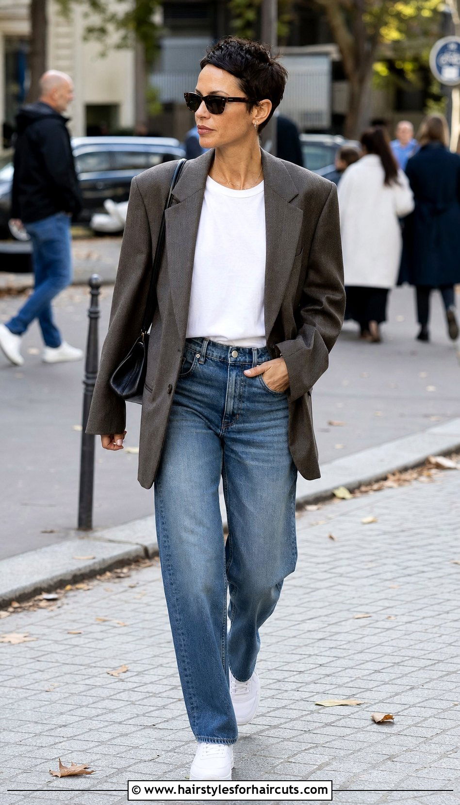Oversized Blazer With White T Shirt - 25 casual outfits for short hairstyles - 25 casual outfits for short hairstyles