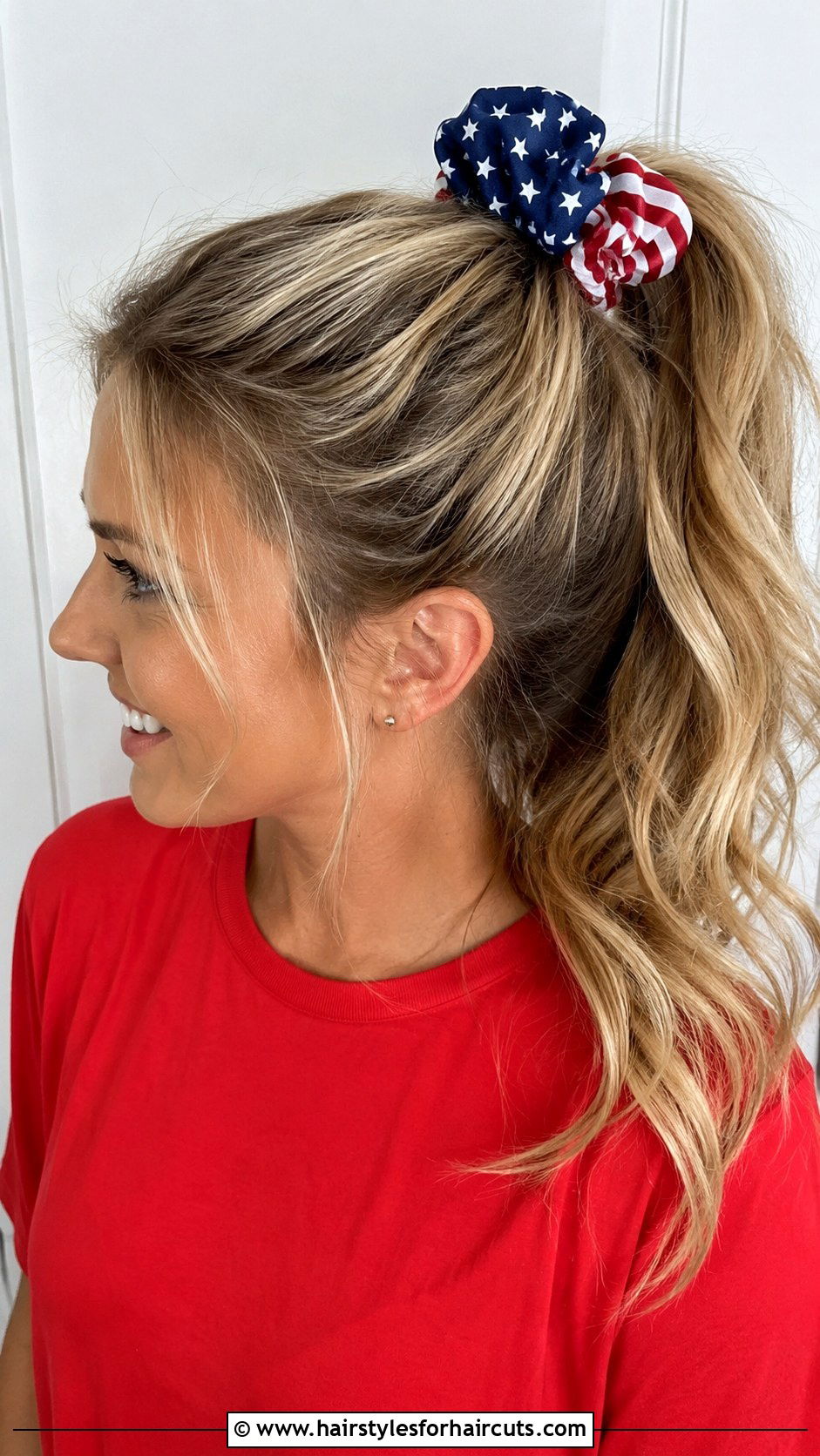 Patriotic Scrunchie High Ponytail - 25 4th of july hairstyles - 25 4th of july hairstyles