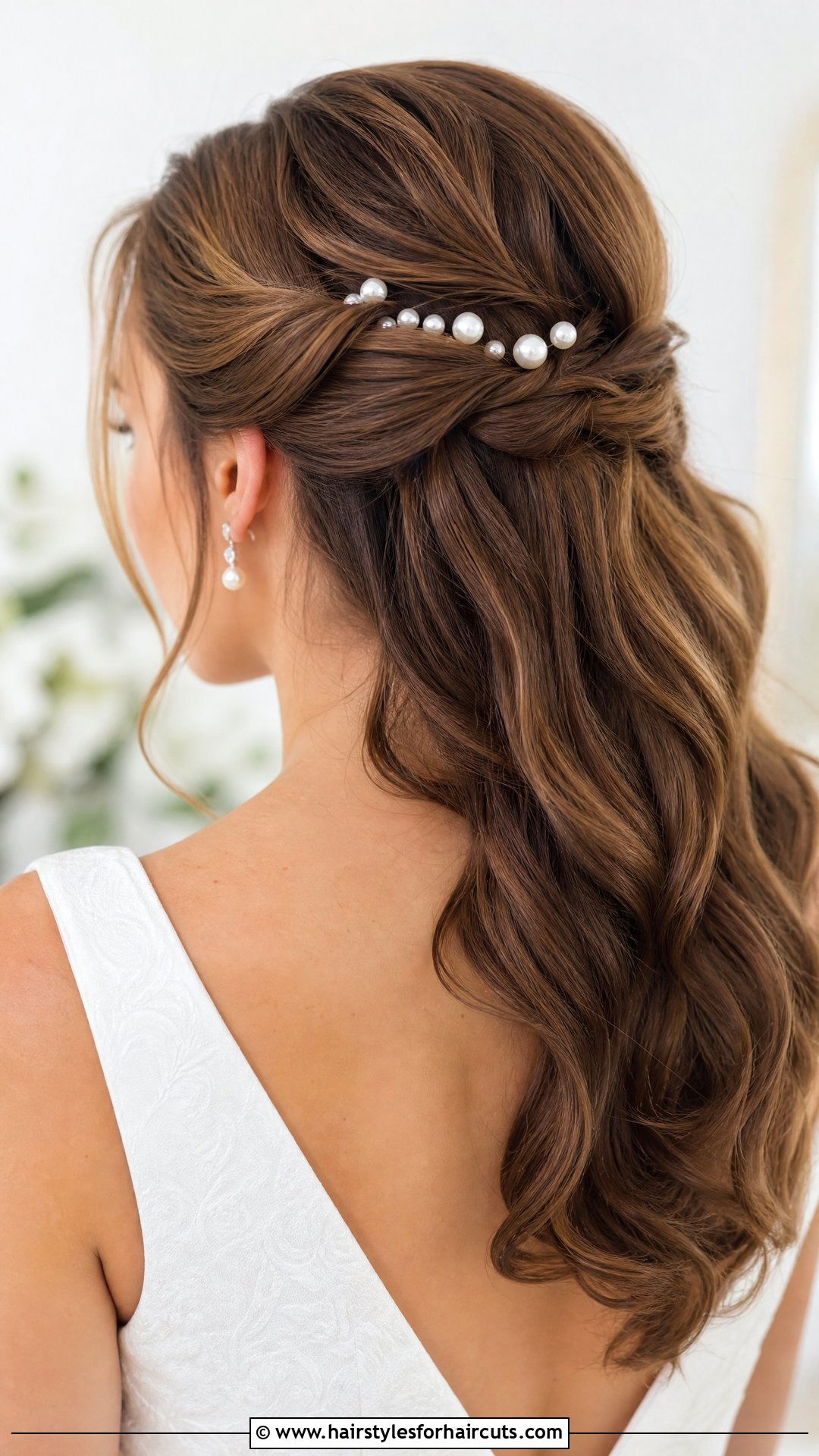 Pearl Embellished Half Updo Wedding Hairstyle - 25 half updo wedding hairstyles for long hair - 25 half updo wedding hairstyles for long hair