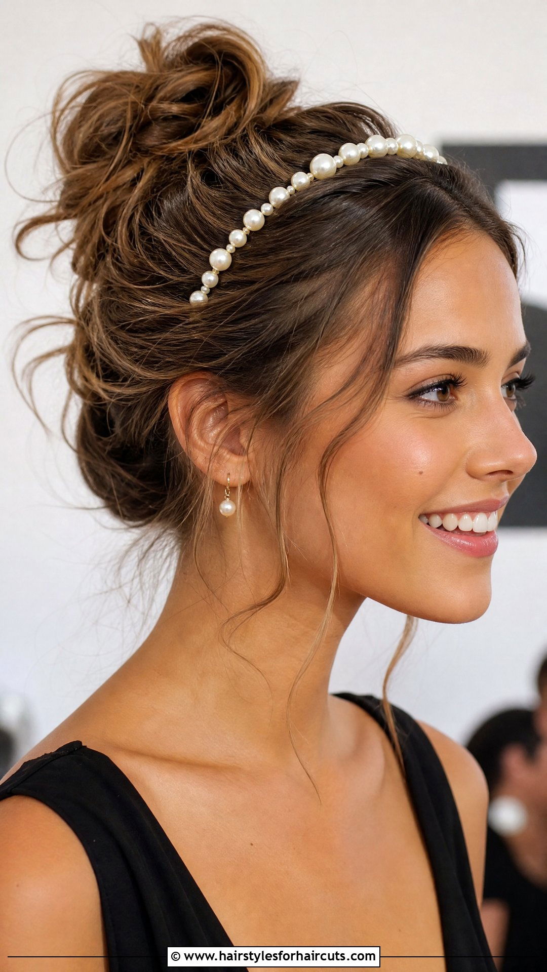 Pearl Headband With Messy Updo - 25 headband hairstyles - 25 headband hairstyles