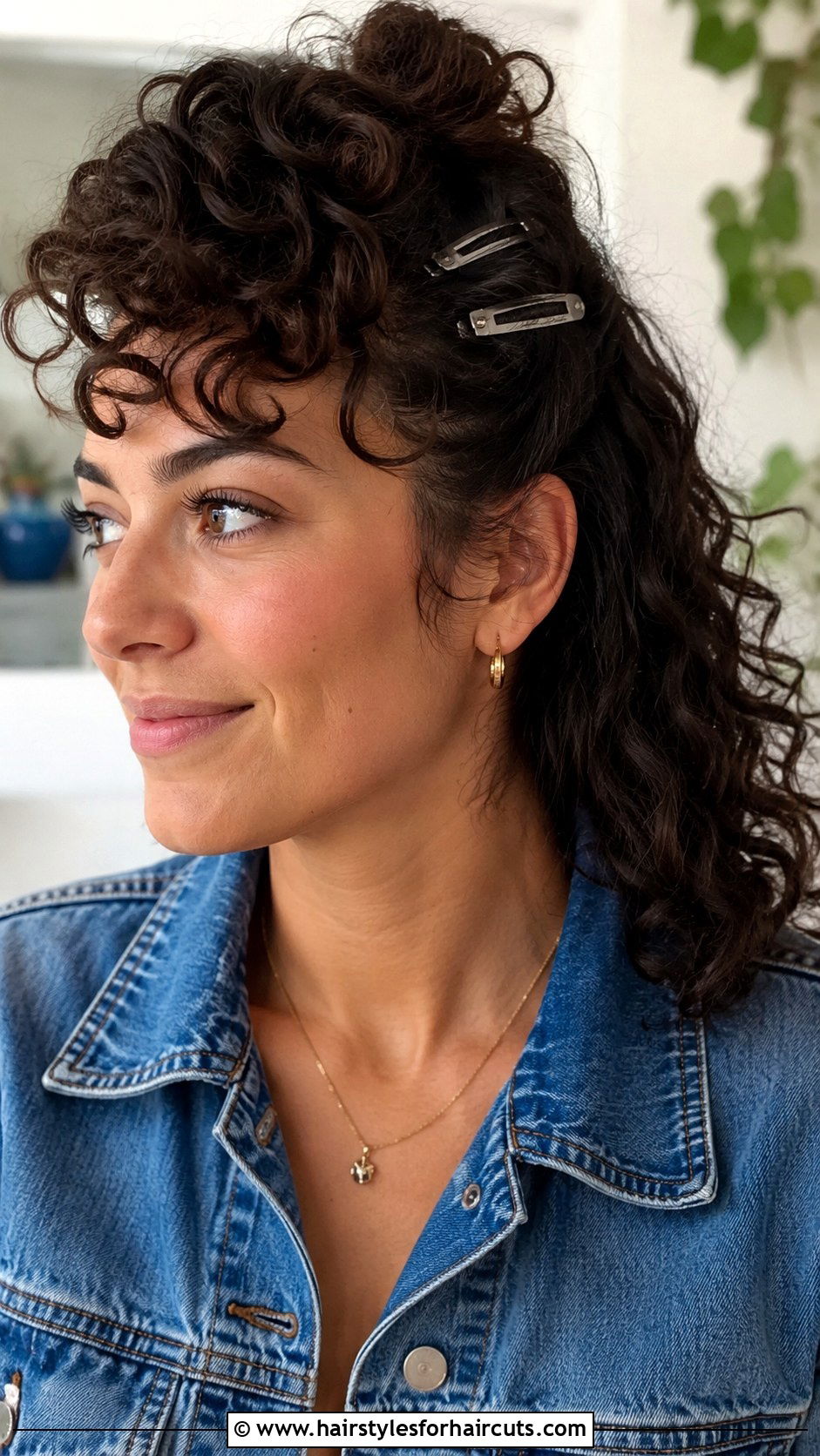 Pinned Back Curly Bangs With Snap Clips - 25 curly hairstyles with clips - 25 curly hairstyles with clips