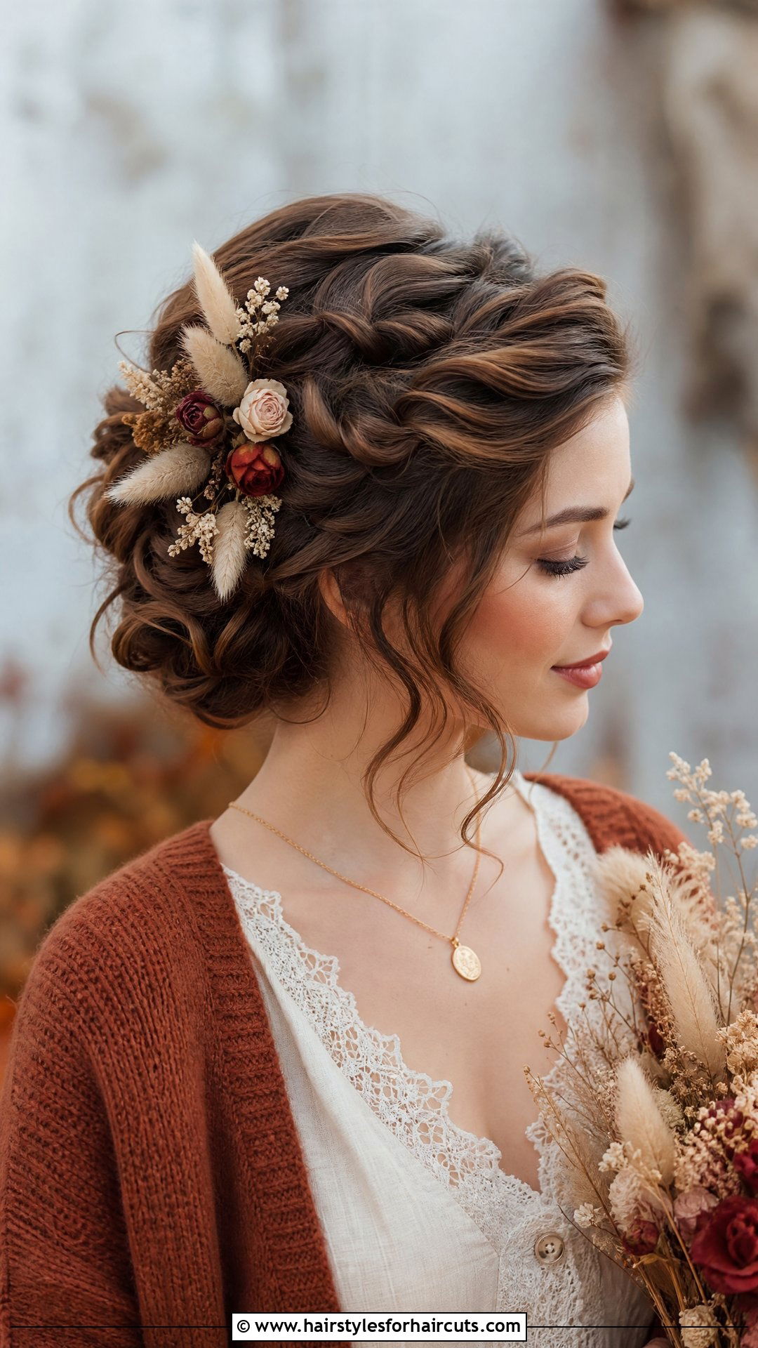 Pinned Curls With Dried Flower Accents - 25 flowers in hairstyles - 25 flowers in hairstyles