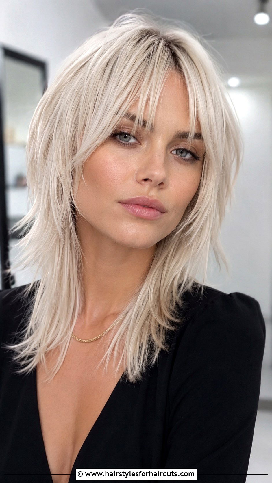 Platinum Blonde Wolf Cut with Bangs - 25 wolf bang haircuts - 25 wolf bang haircuts