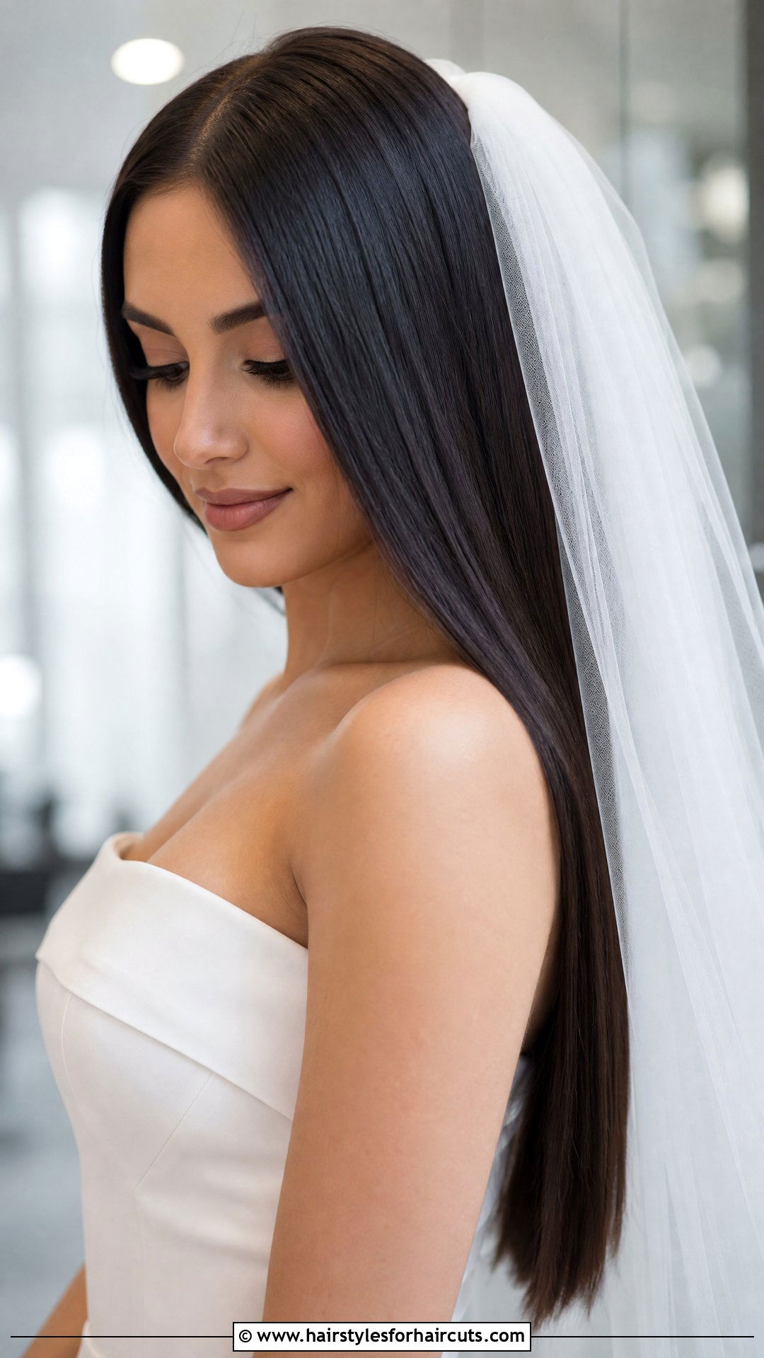Polished Straight Hair With Veil - 25 wedding party hairstyles for long hair - 25 wedding party hairstyles for long hair